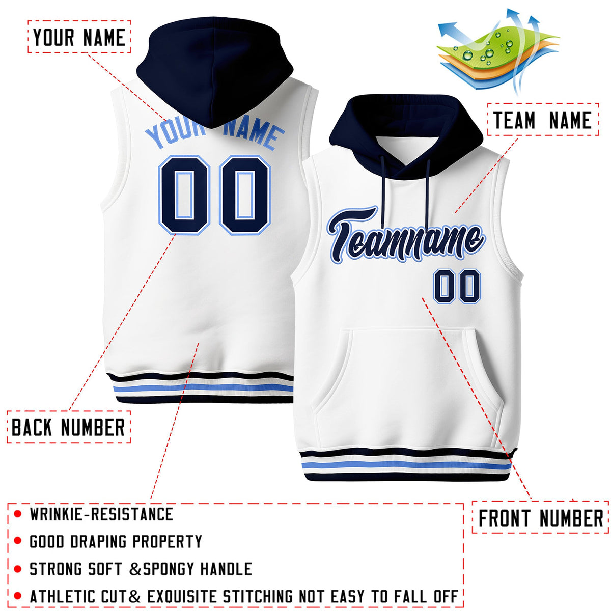 Custom White Navy Powder Blue sleeveless Classic style Hoodie| KXKSHOP
