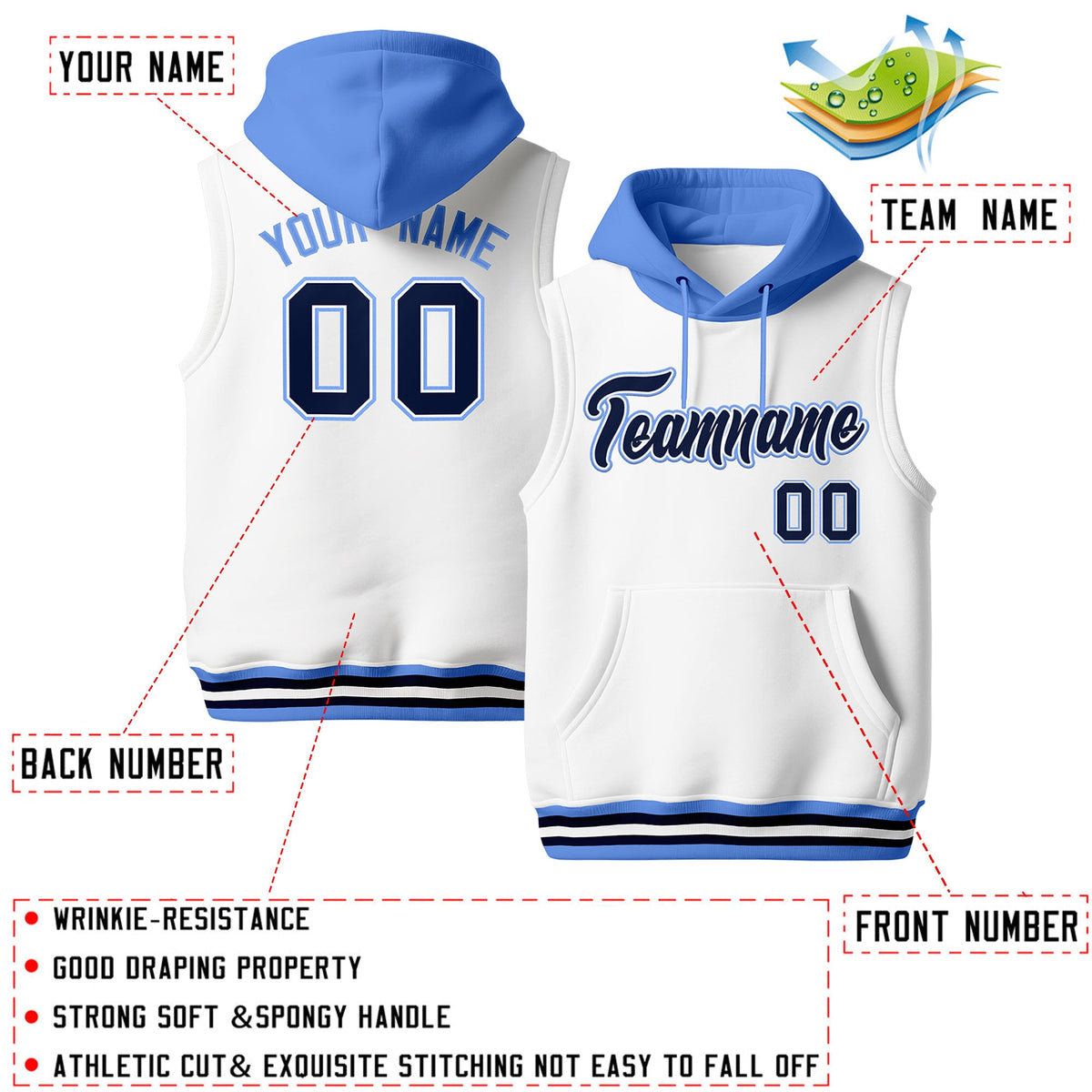 Custom White Powder Blue Navy sleeveless Classic style Hoodie| KXKSHOP
