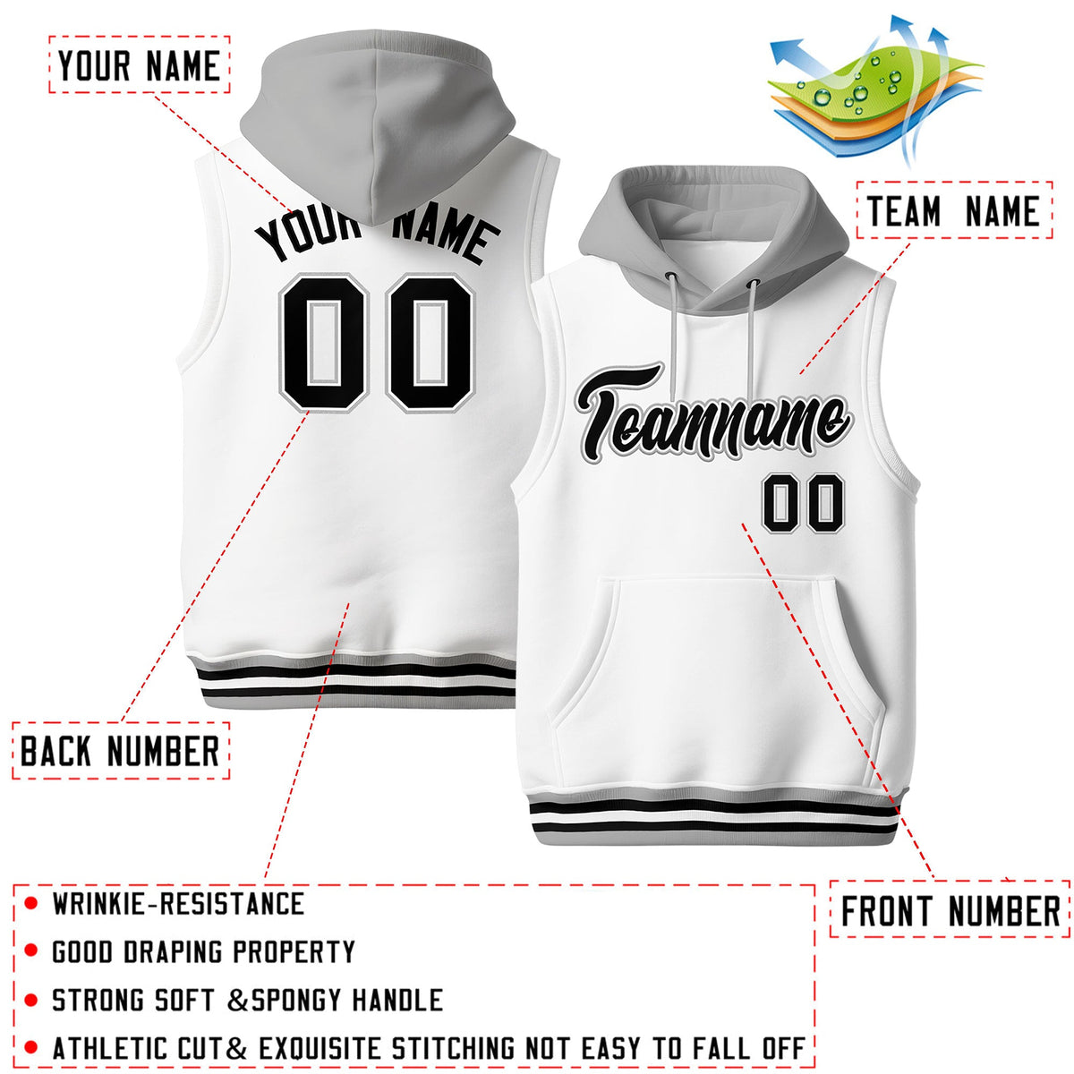 Custom White Gray Black sleeveless Classic style Hoodie| KXKSHOP