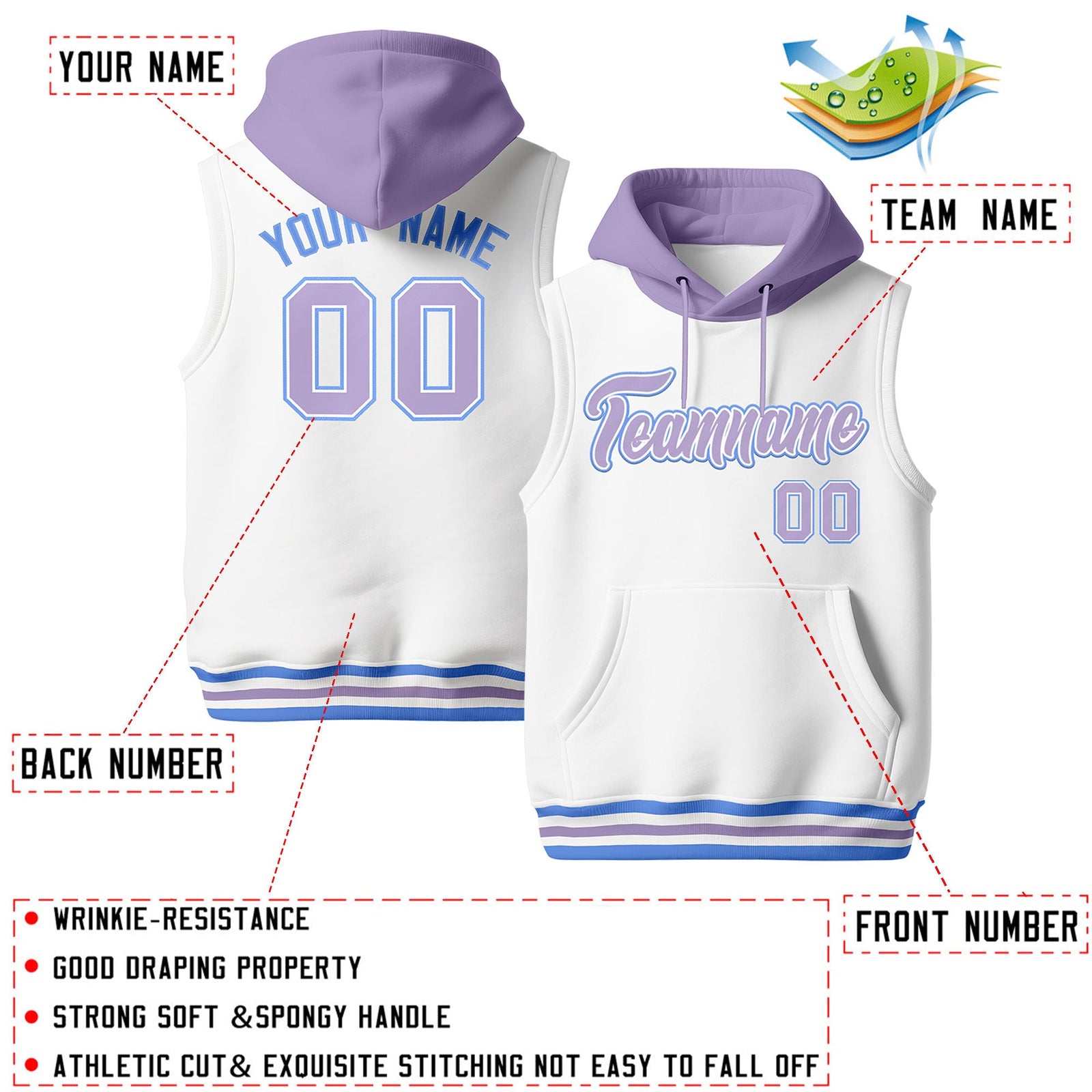 Custom White Light Purple Powder Blue sleeveless Classic style Hoodie| KXKSHOP