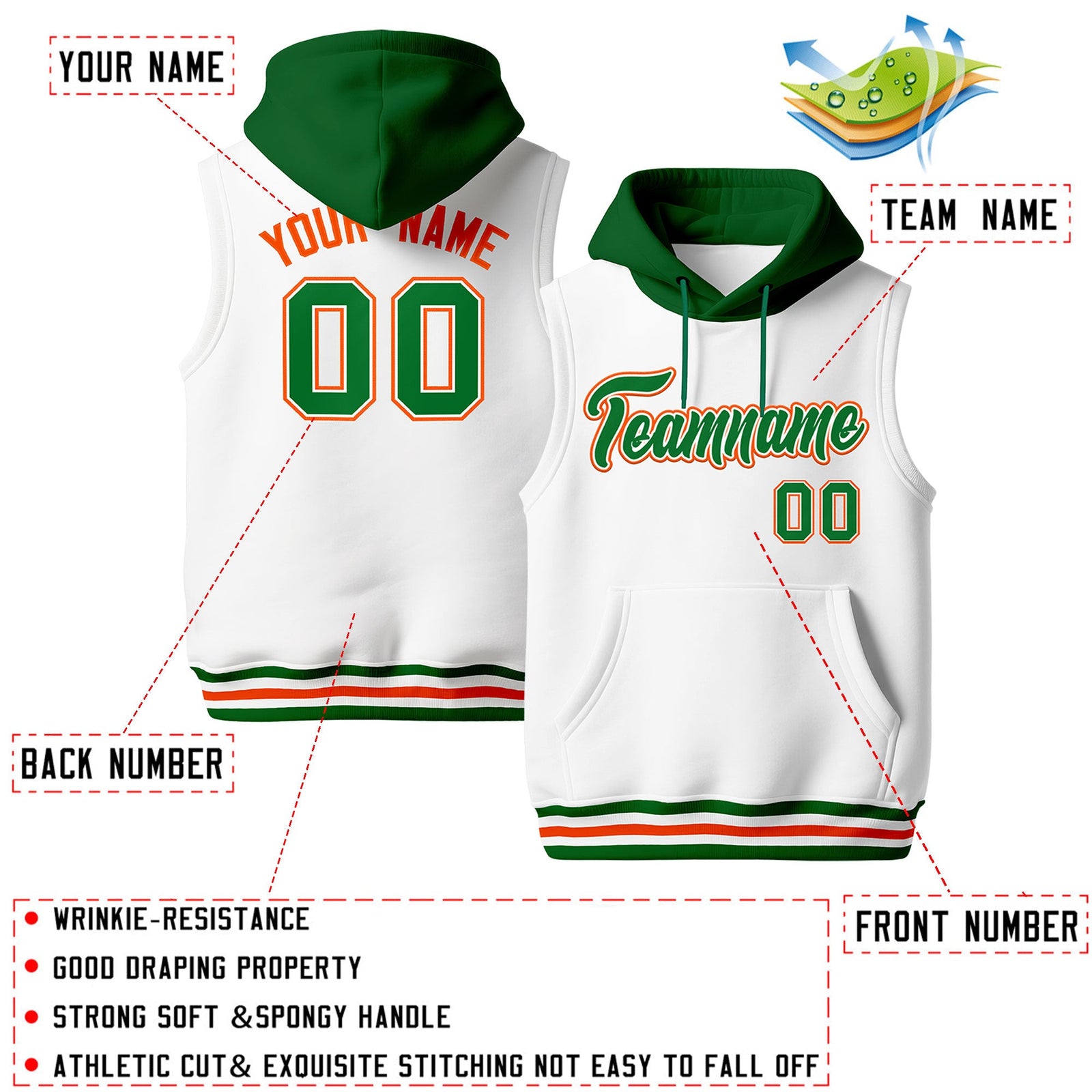 Custom White Kelly Green Orange sleeveless Classic style Hoodie| KXKSHOP