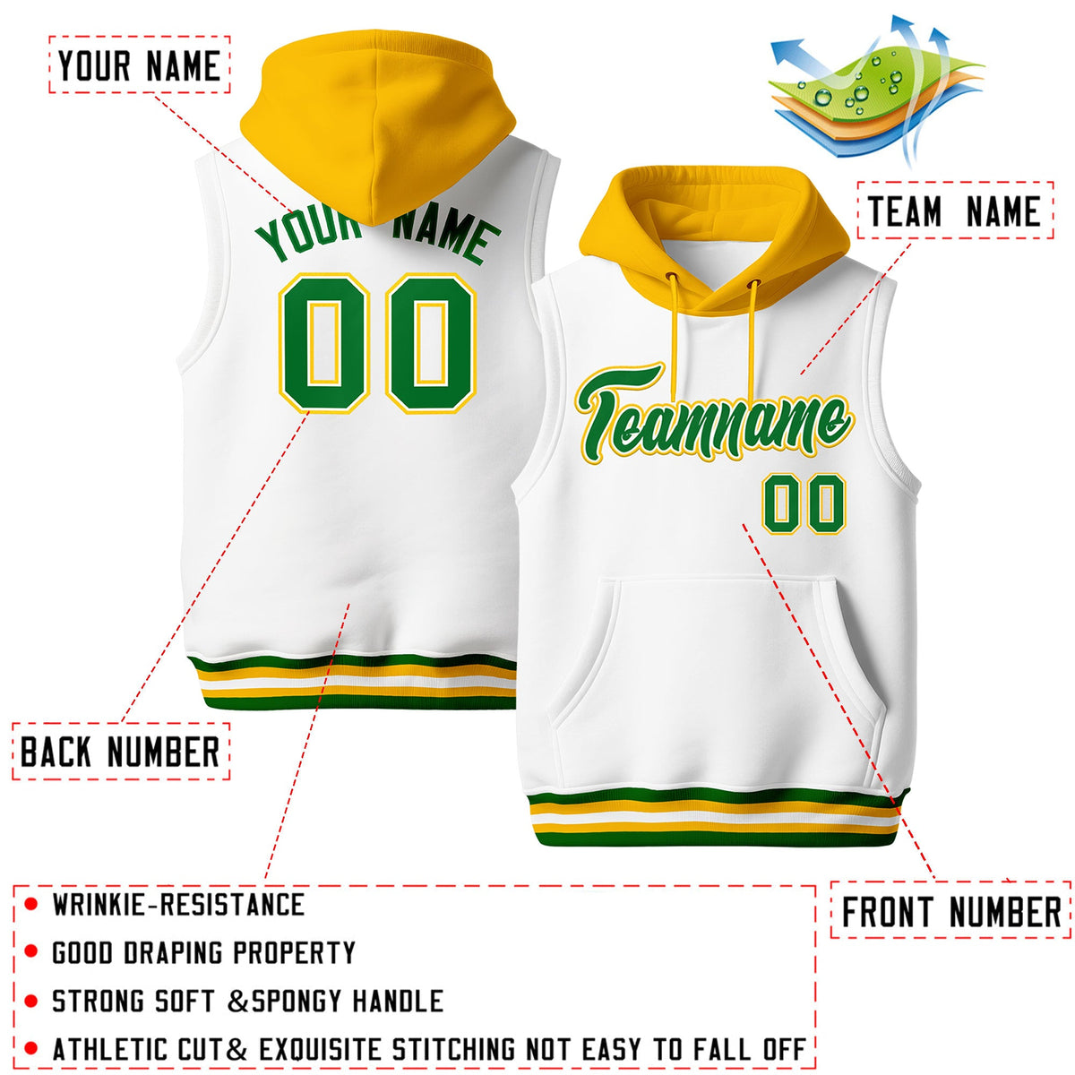Custom White Gold Kelly Green sleeveless Classic style Hoodie| KXKSHOP