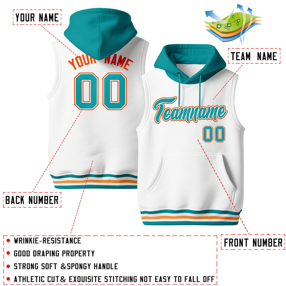 Custom White Aqua Gold Orange sleeveless Classic style Hoodie| KXKSHOP