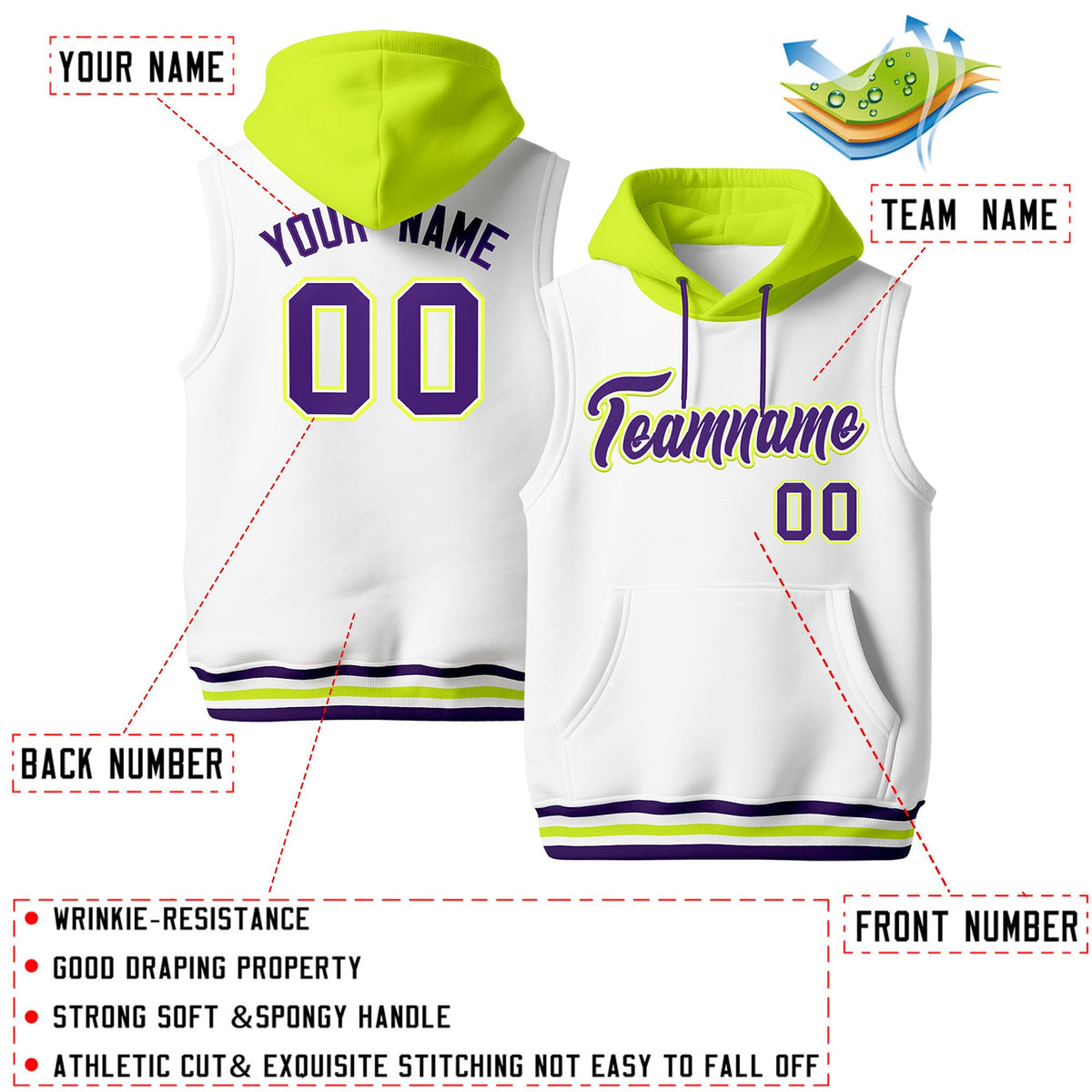 Custom White Fluorescent Green Purple sleeveless Classic style Hoodie| KXKSHOP