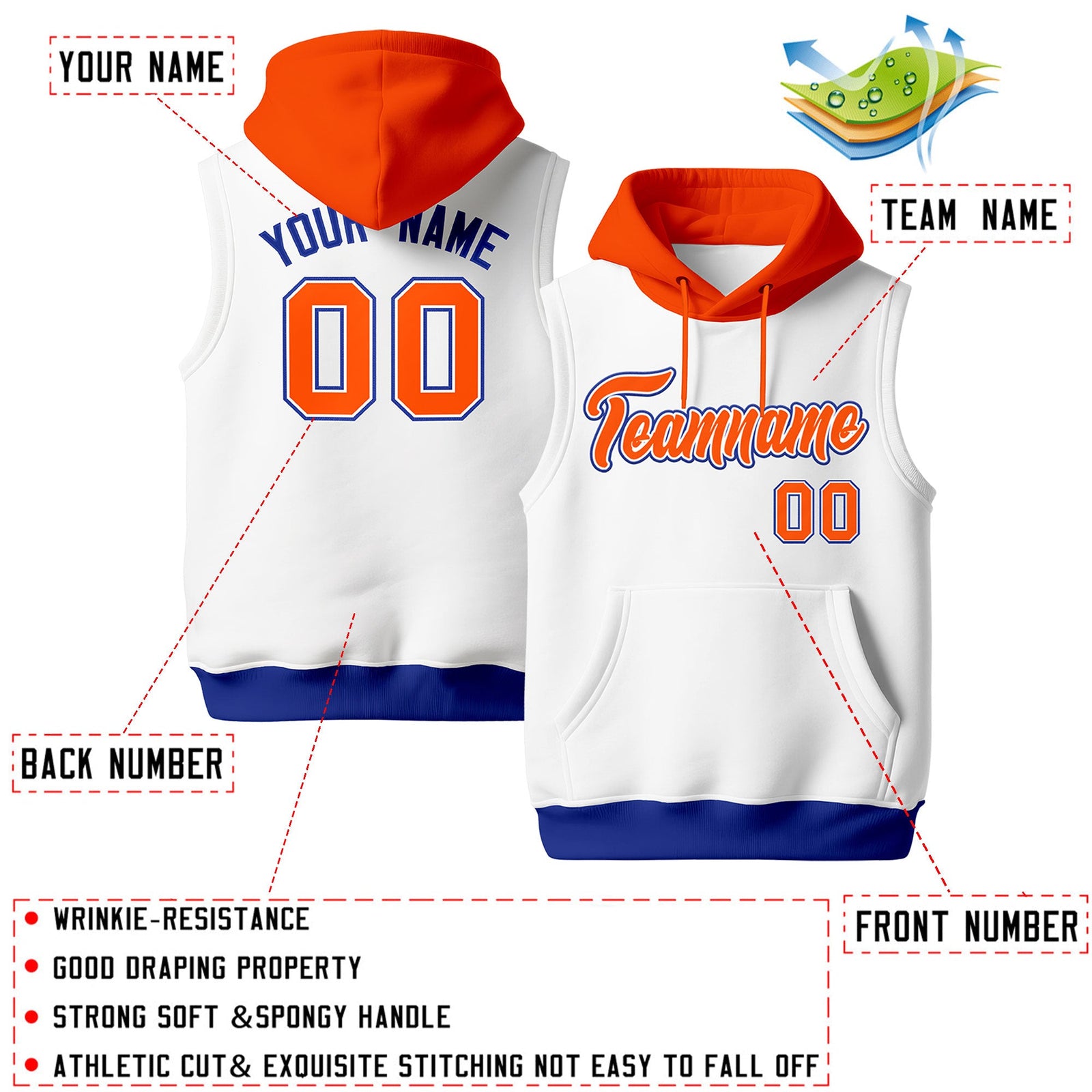 Custom White Orange Royal Blue sleeveless Classic style Hoodie| KXKSHOP