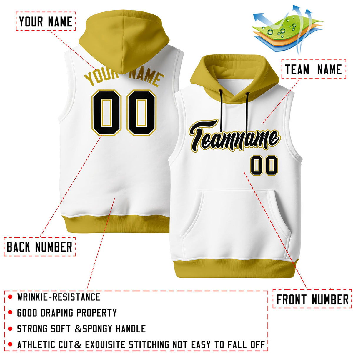 Custom White Old Gold Black sleeveless Classic style Hoodie| KXKSHOP