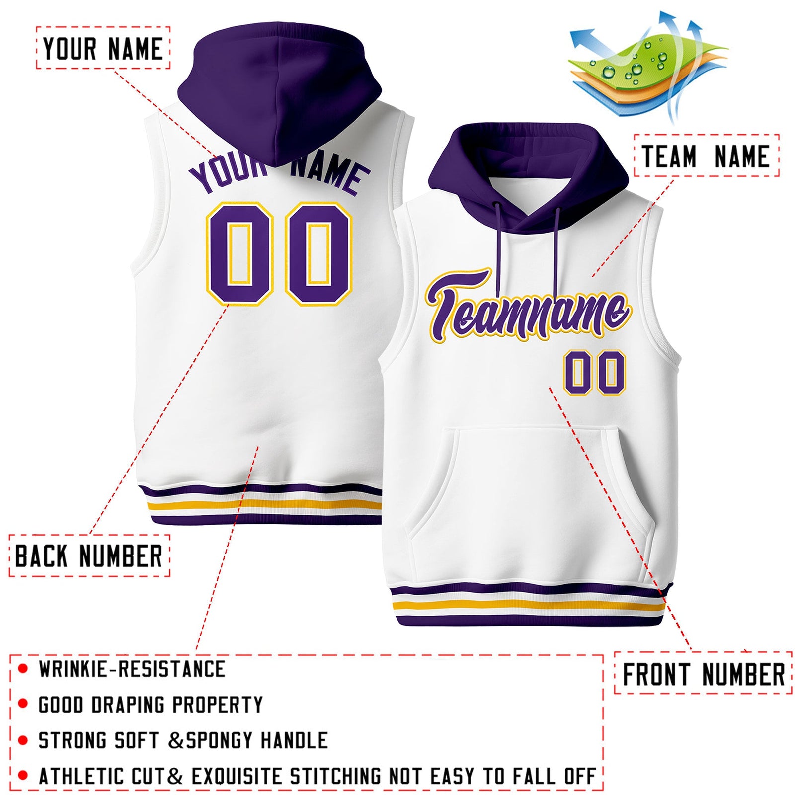 Custom White Purple Gold sleeveless Classic style Hoodie| KXKSHOP