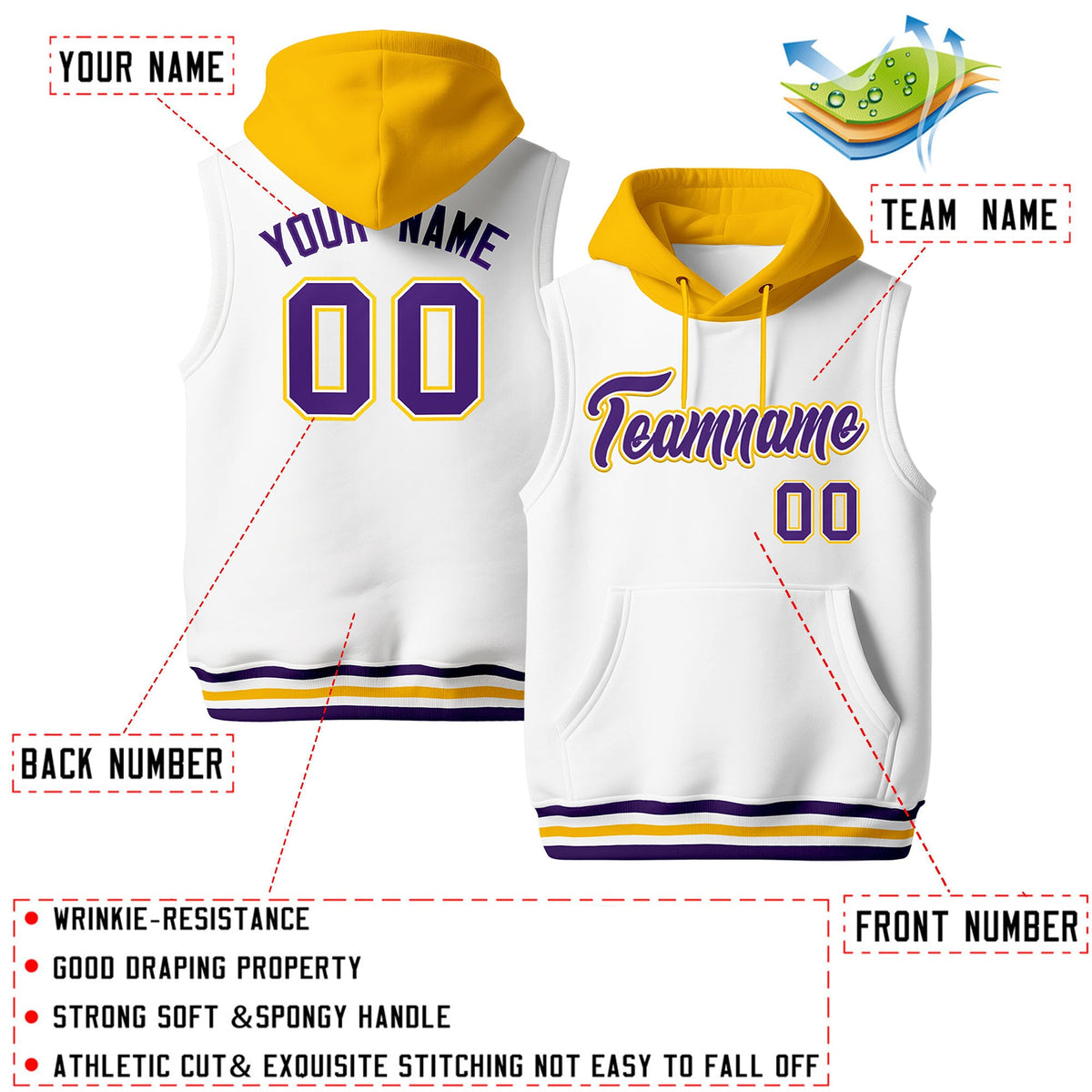 Custom White Gold Purple sleeveless Classic style Hoodie| KXKSHOP