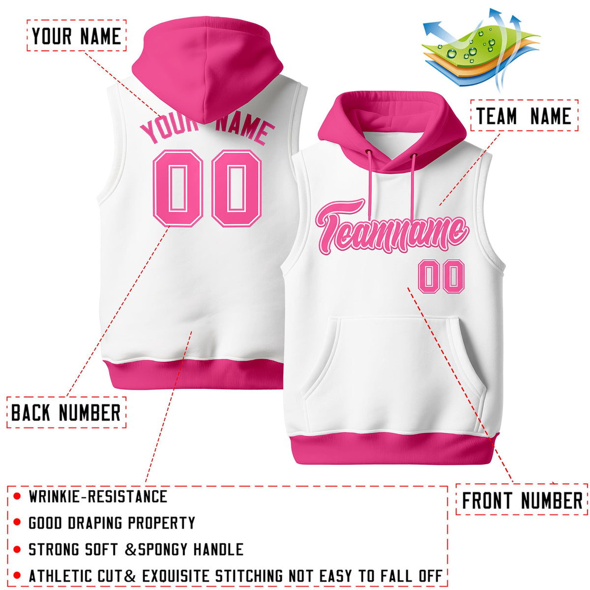 Custom White Pink sleeveless Classic style Hoodie| KXKSHOP