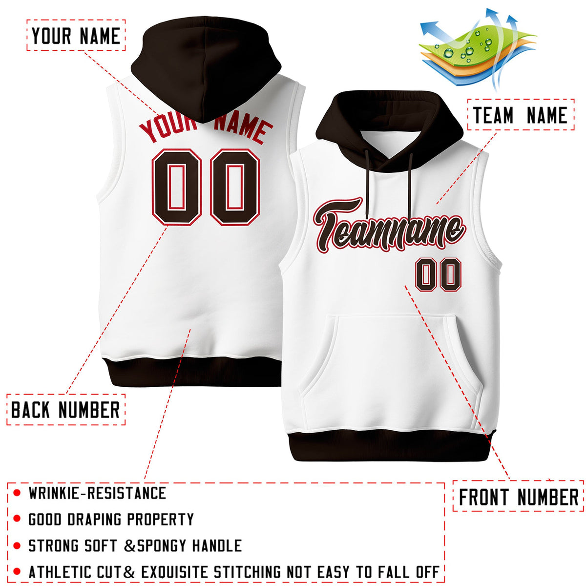 Custom White Brown Red sleeveless Classic style Hoodie| KXKSHOP