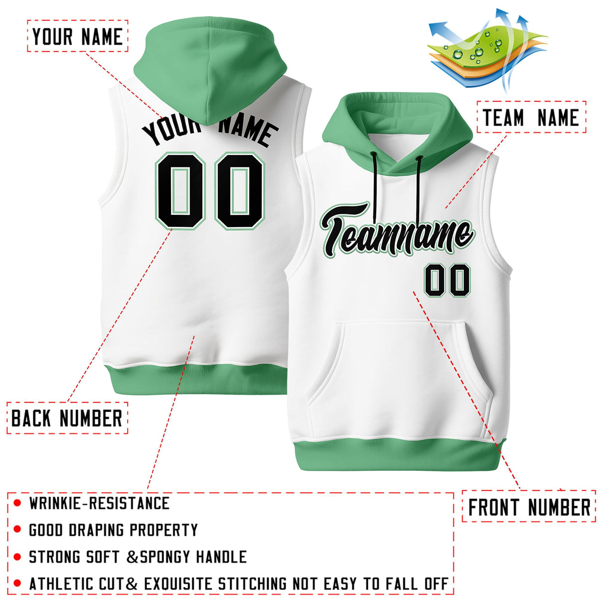 Custom White Green Black sleeveless Classic style Hoodie| KXKSHOP