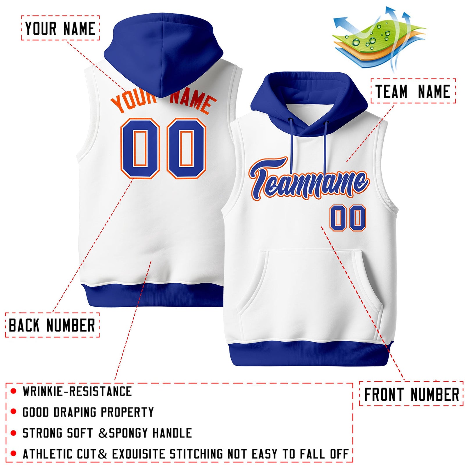Custom White Royal Blue Orange sleeveless Classic style Hoodie| KXKSHOP