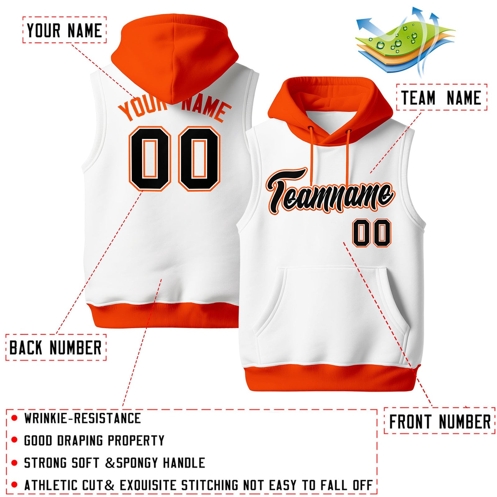 Custom White Orange Black sleeveless Classic style Hoodie| KXKSHOP
