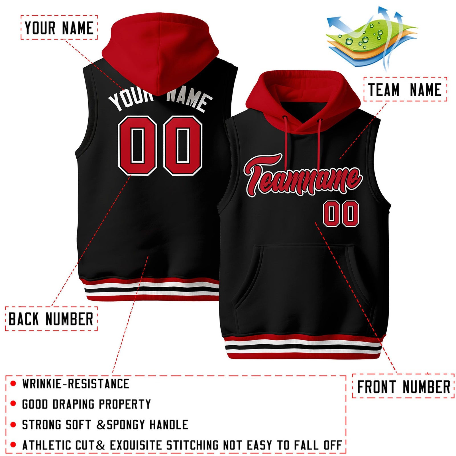 Custom Black Red White sleeveless Classic style Hoodie| KXKSHOP