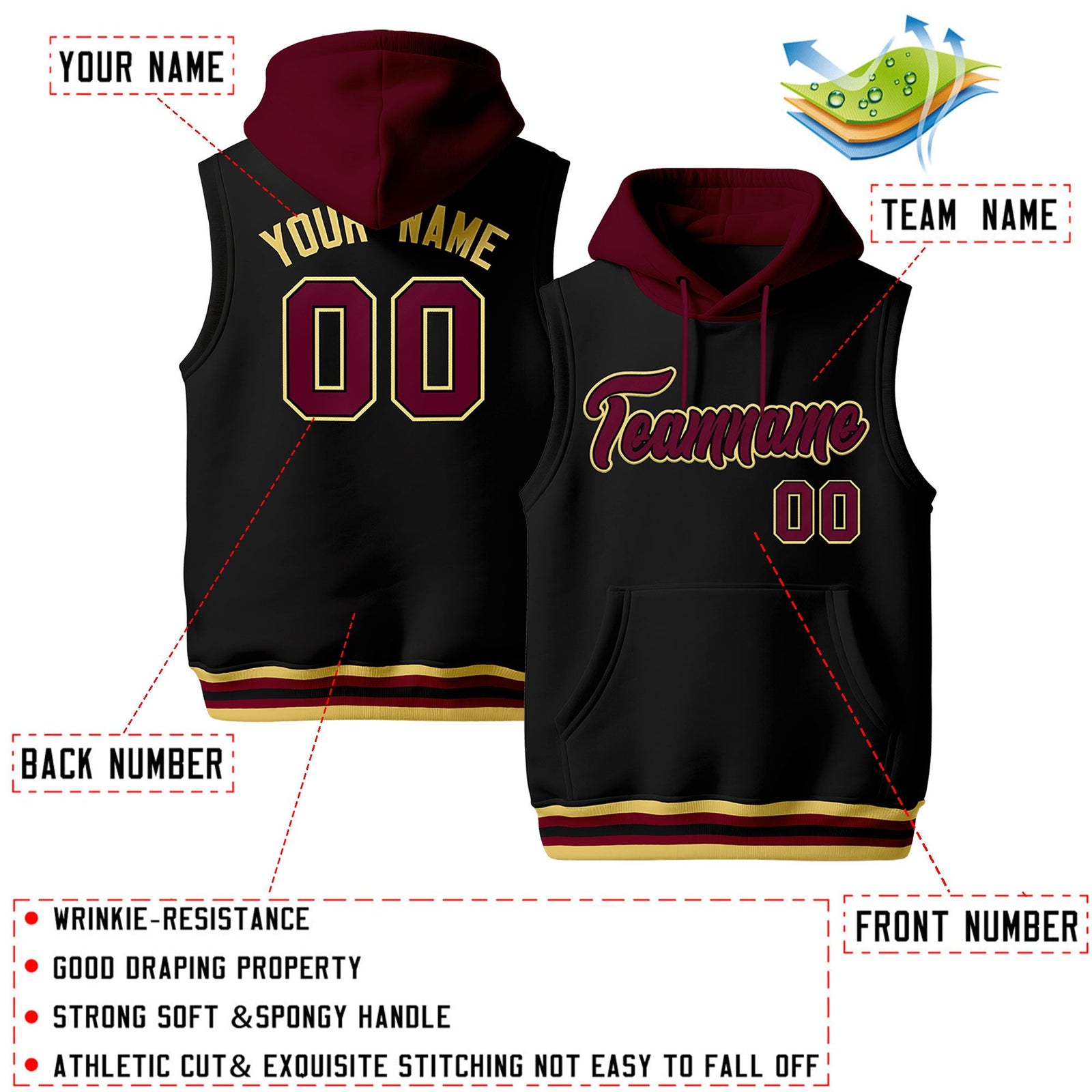 Custom Black Crimson Khaki sleeveless Classic style Hoodie| KXKSHOP