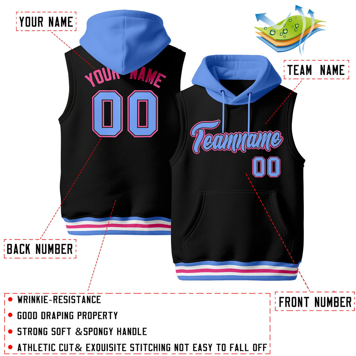 Custom Black Powder Blue White sleeveless Classic style Hoodie| KXKSHOP