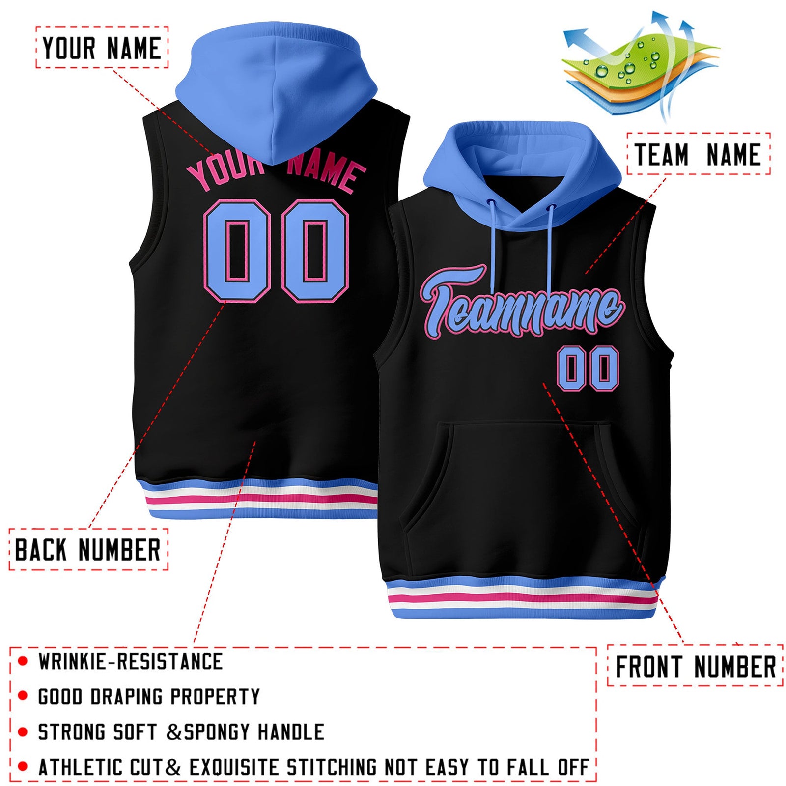Custom Black Powder Blue White sleeveless Classic style Hoodie| KXKSHOP