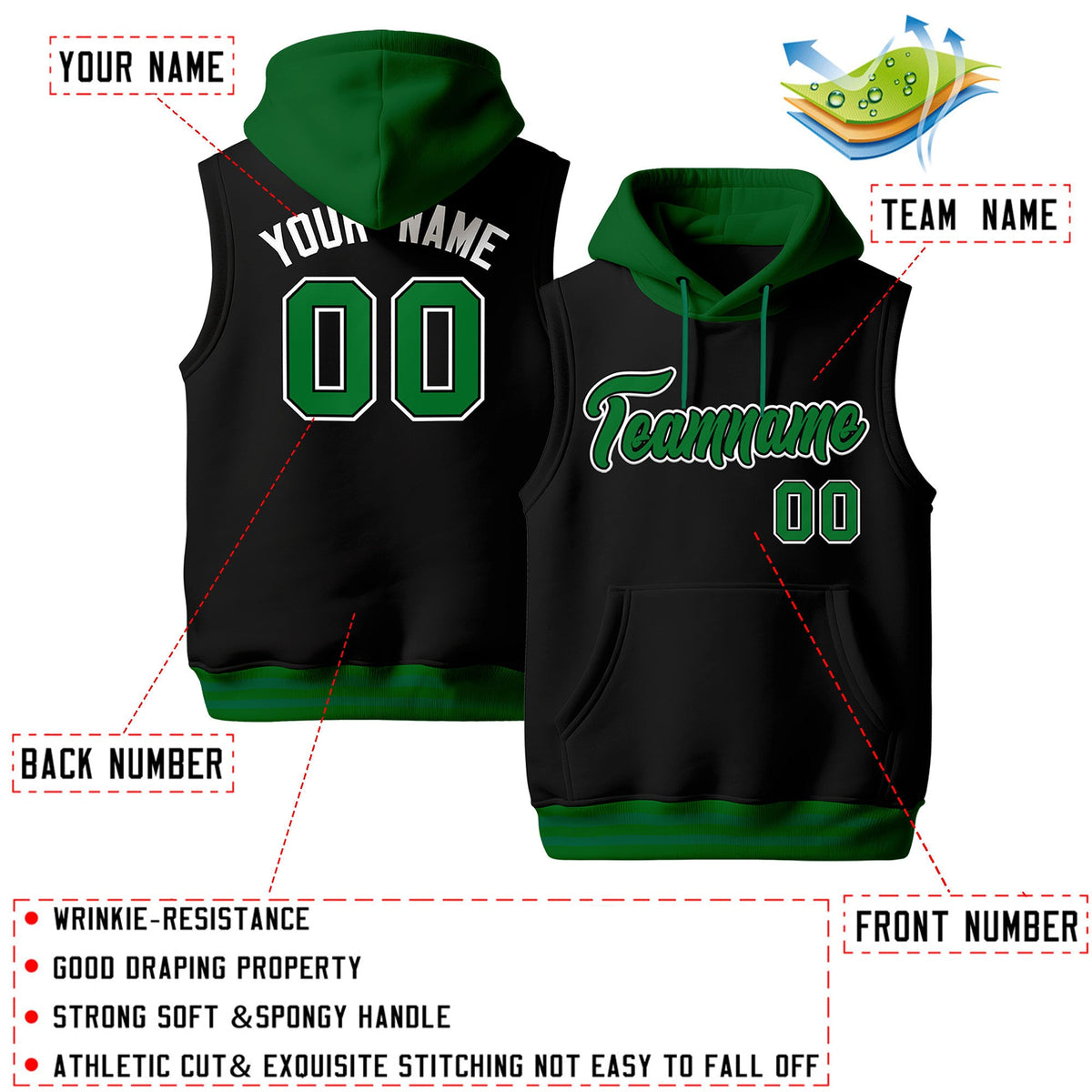 Custom Black Kelly Green White sleeveless Classic style Hoodie| KXKSHOP