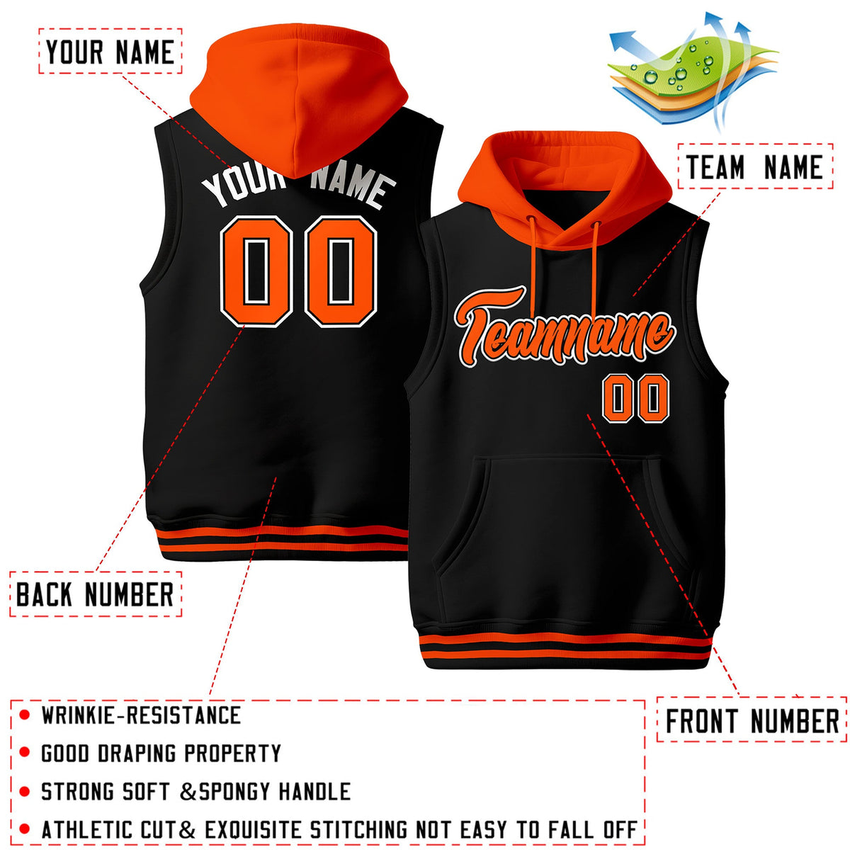 Custom Black Orange White sleeveless Classic style Hoodie| KXKSHOP