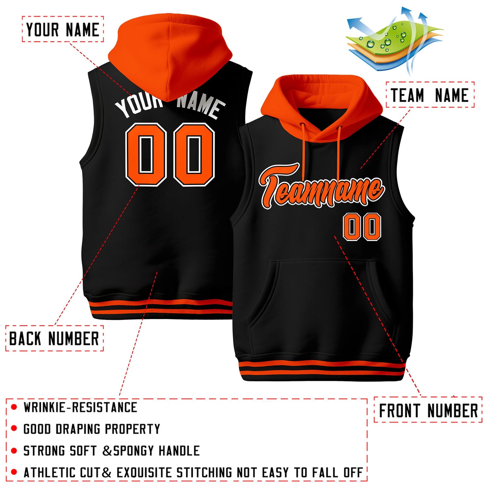 Custom Black Orange White sleeveless Classic style Hoodie| KXKSHOP