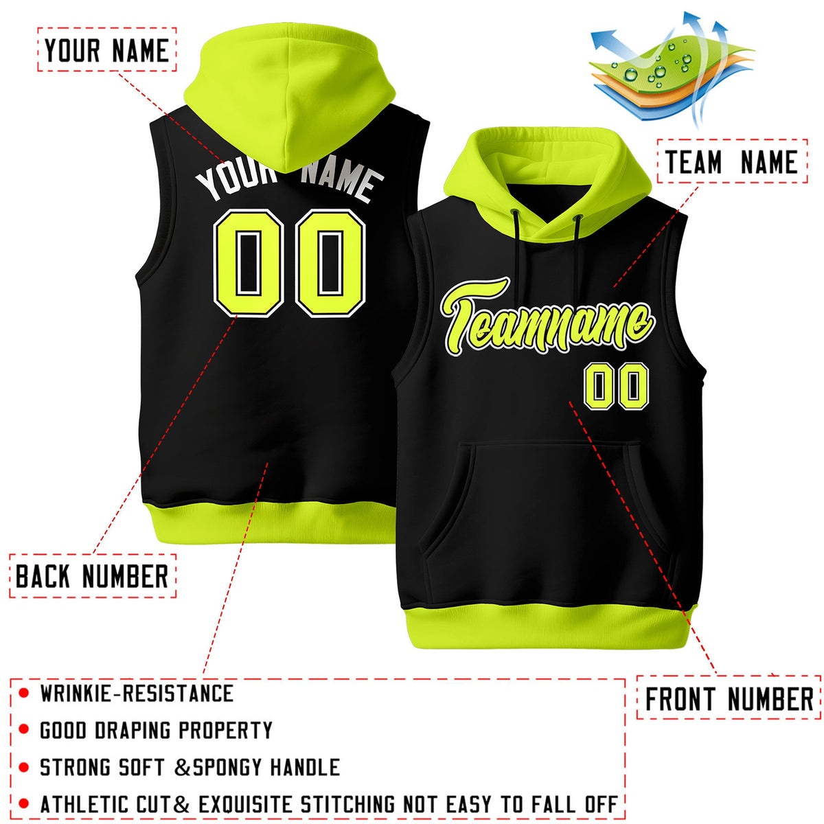 Custom Black Fluorescent Green Neon Green sleeveless Classic style Hoodie| KXKSHOP