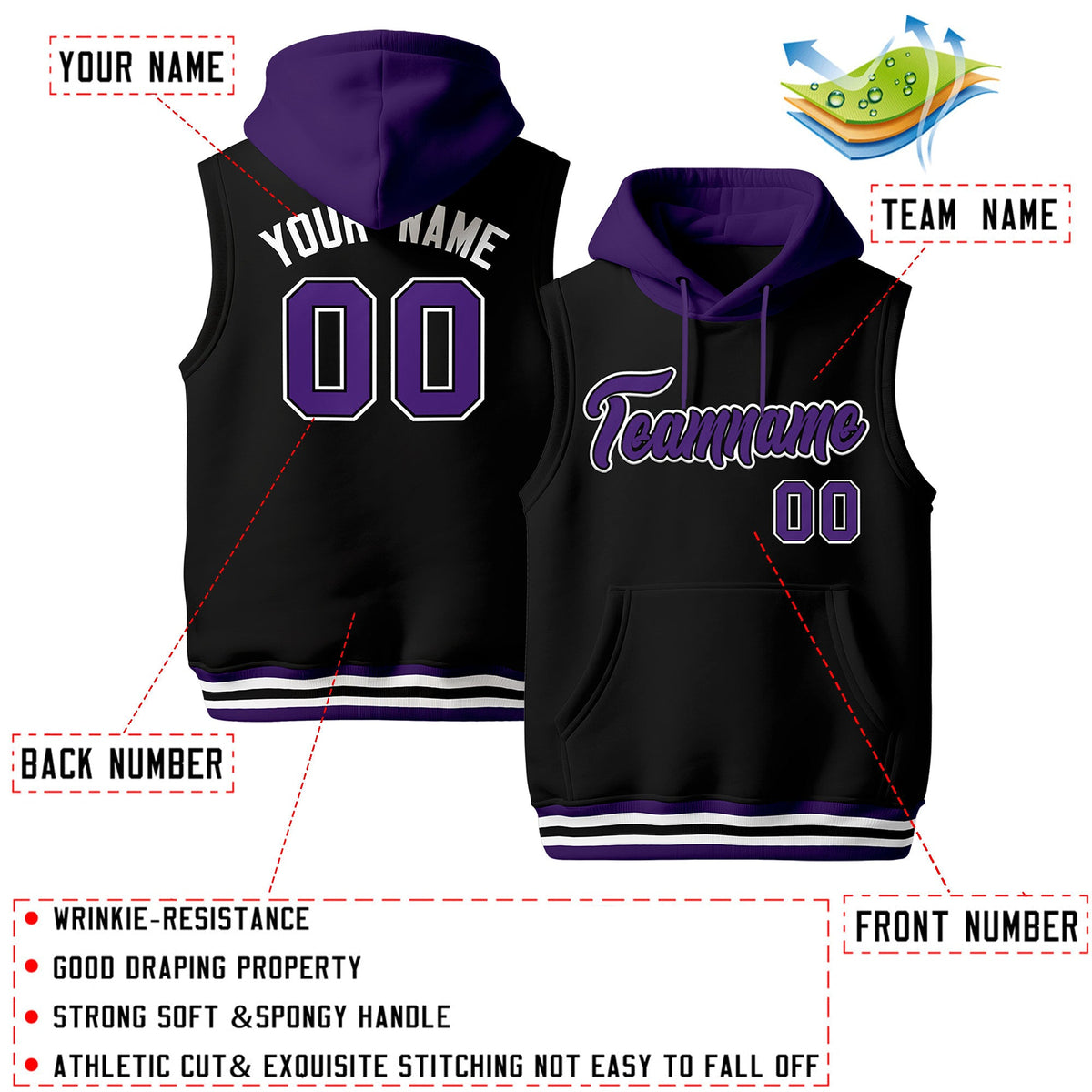 Custom Black Purple White sleeveless Classic style Hoodie| KXKSHOP