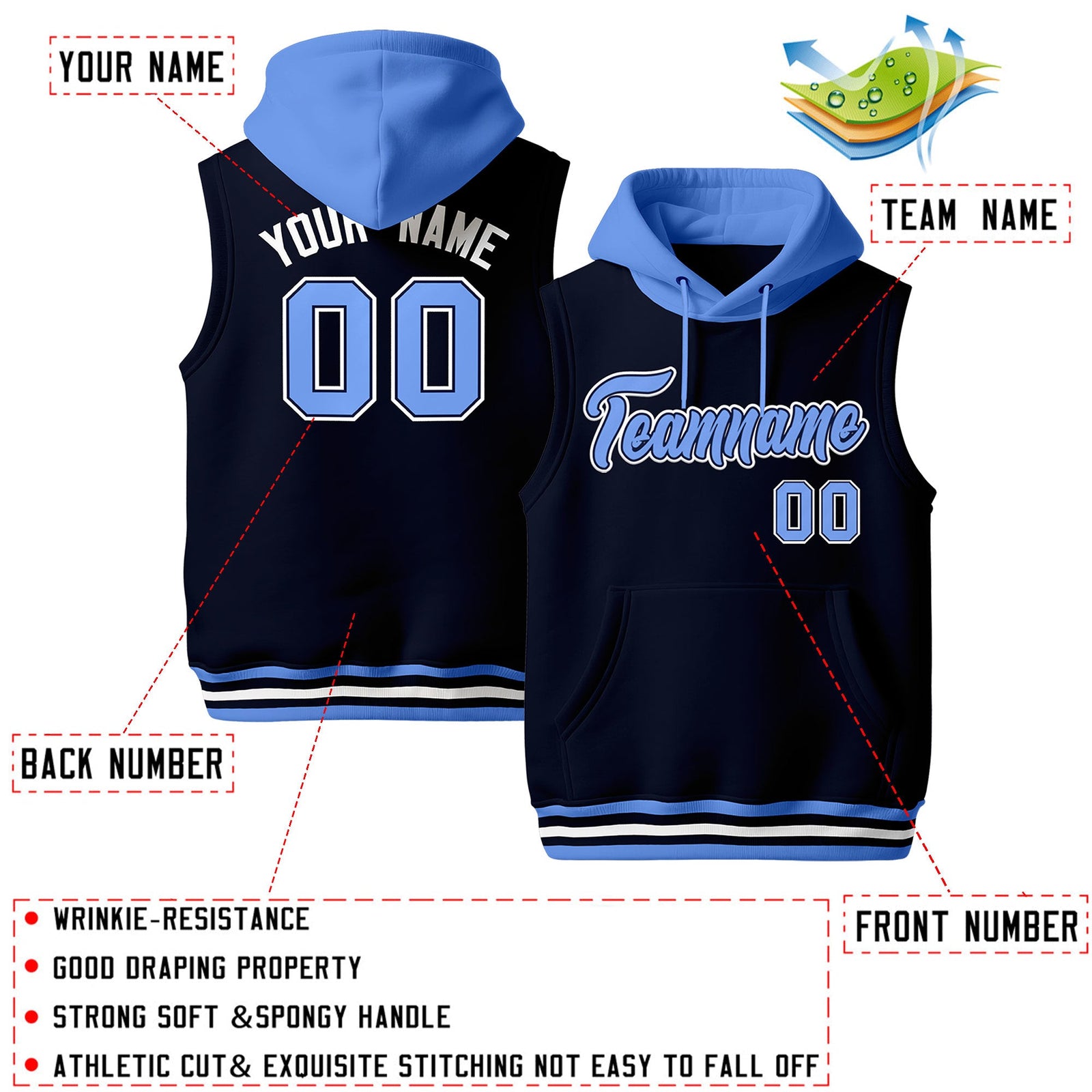 Custom Navy White Powder Blue sleeveless Classic style Hoodie| KXKSHOP