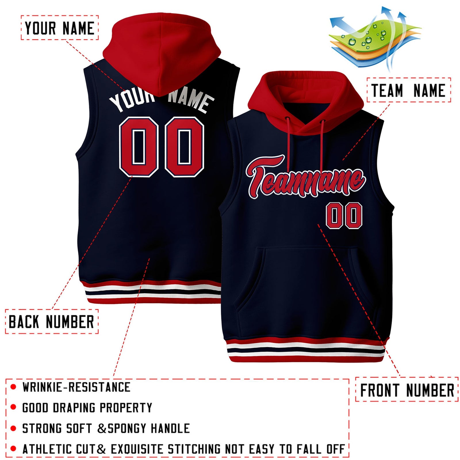 Custom Navy Red White sleeveless Classic style Hoodie| KXKSHOP