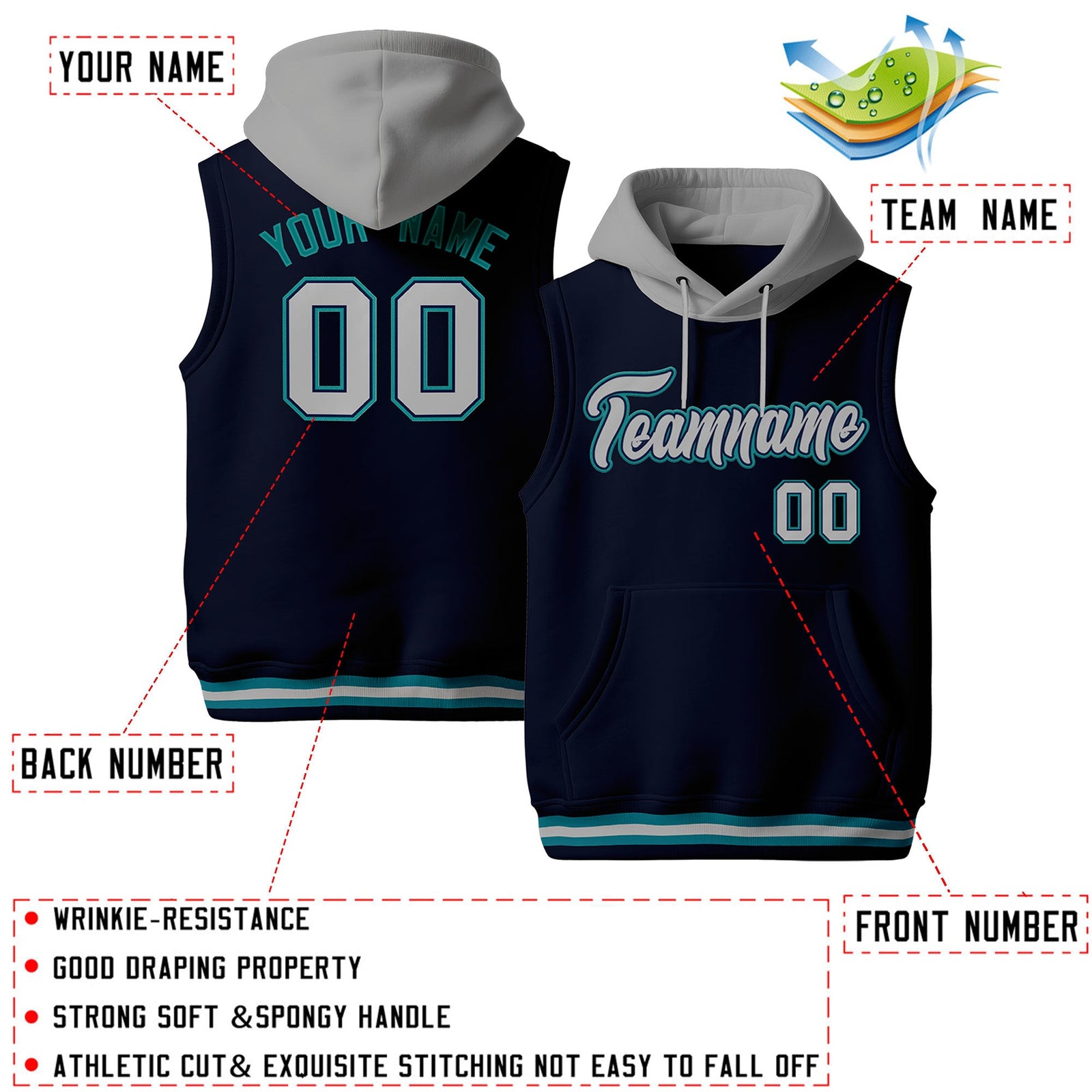 Custom Navy Gray Teal sleeveless Classic style Hoodie| KXKSHOP