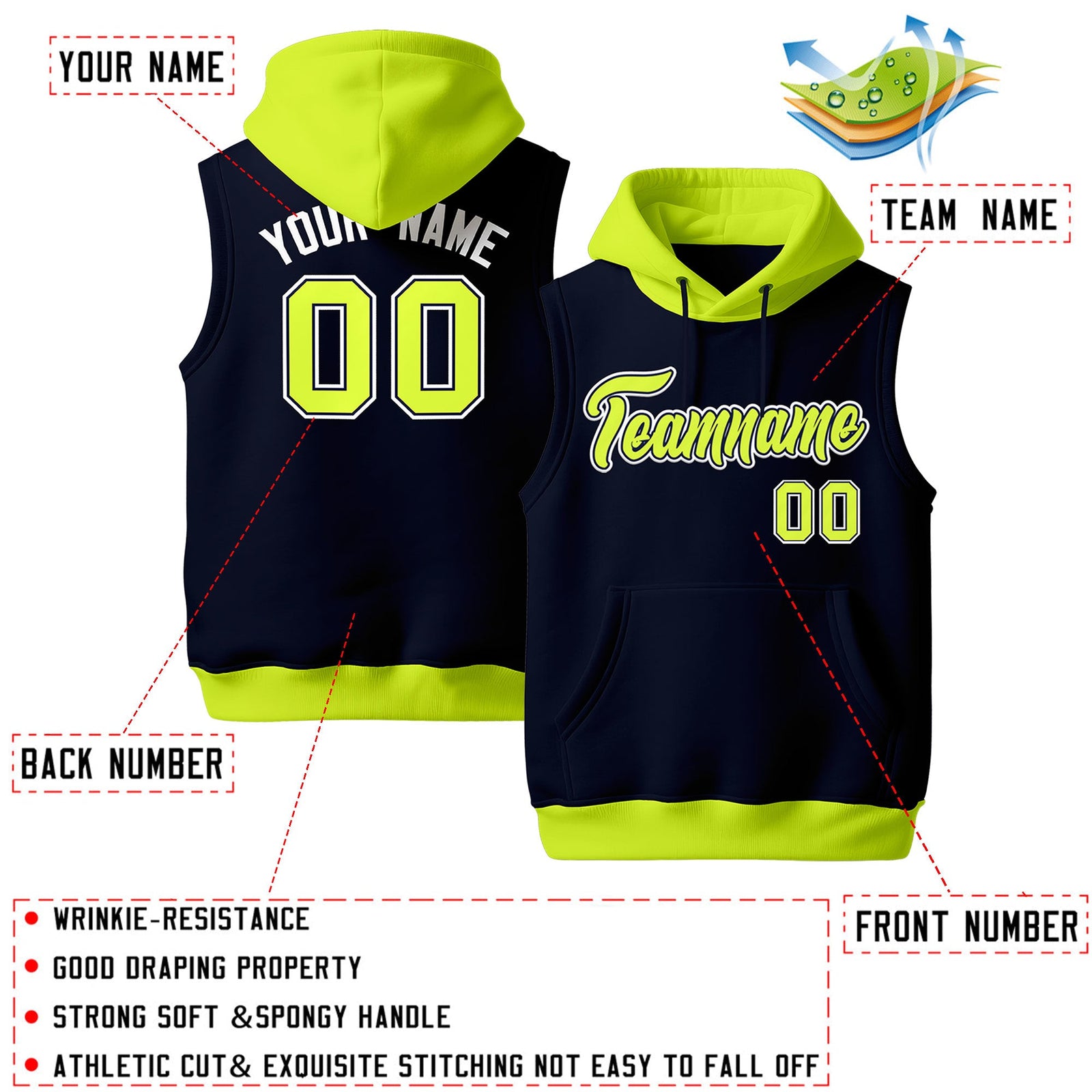 Custom Navy Fluorescent Green Neon Green sleeveless Classic style Hoodie| KXKSHOP