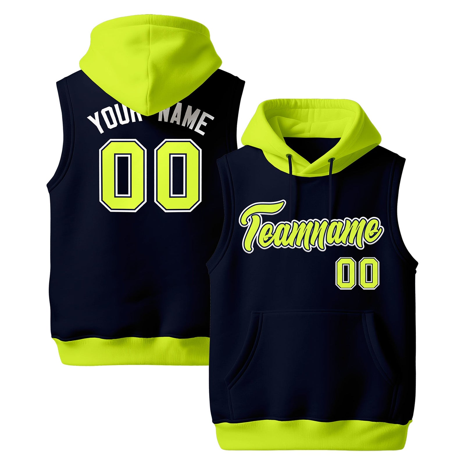 Custom Navy Fluorescent Green Neon Green sleeveless Classic style Hoodie| KXKSHOP