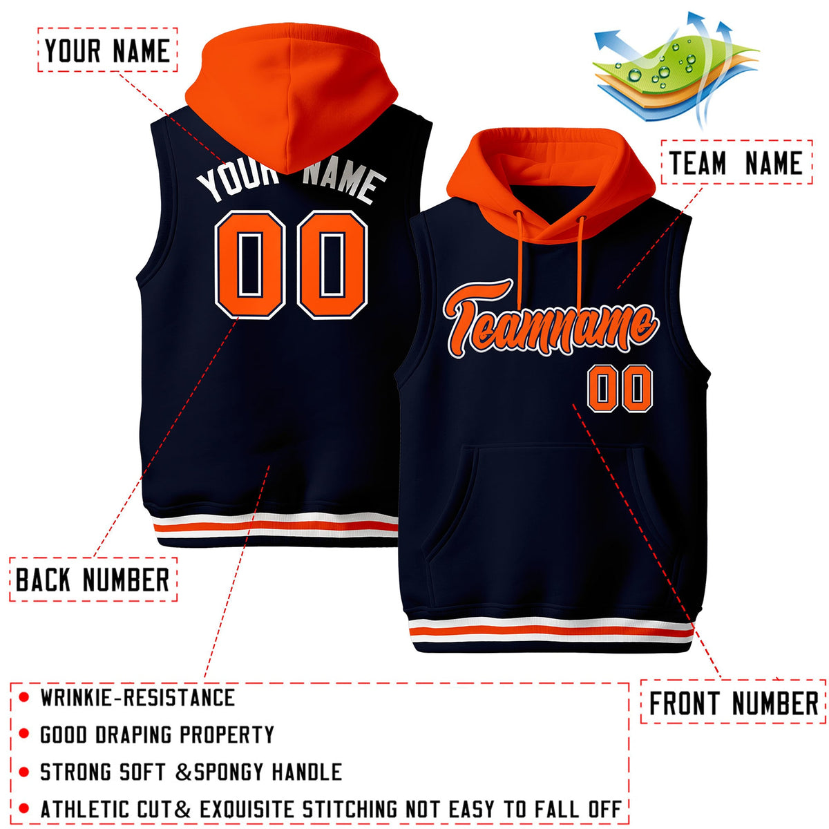 Custom Navy Orange White sleeveless Classic style Hoodie| KXKSHOP
