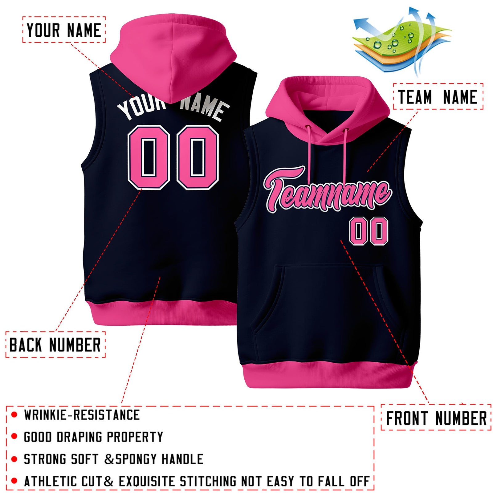 Custom Navy Pink White sleeveless Classic style Hoodie| KXKSHOP