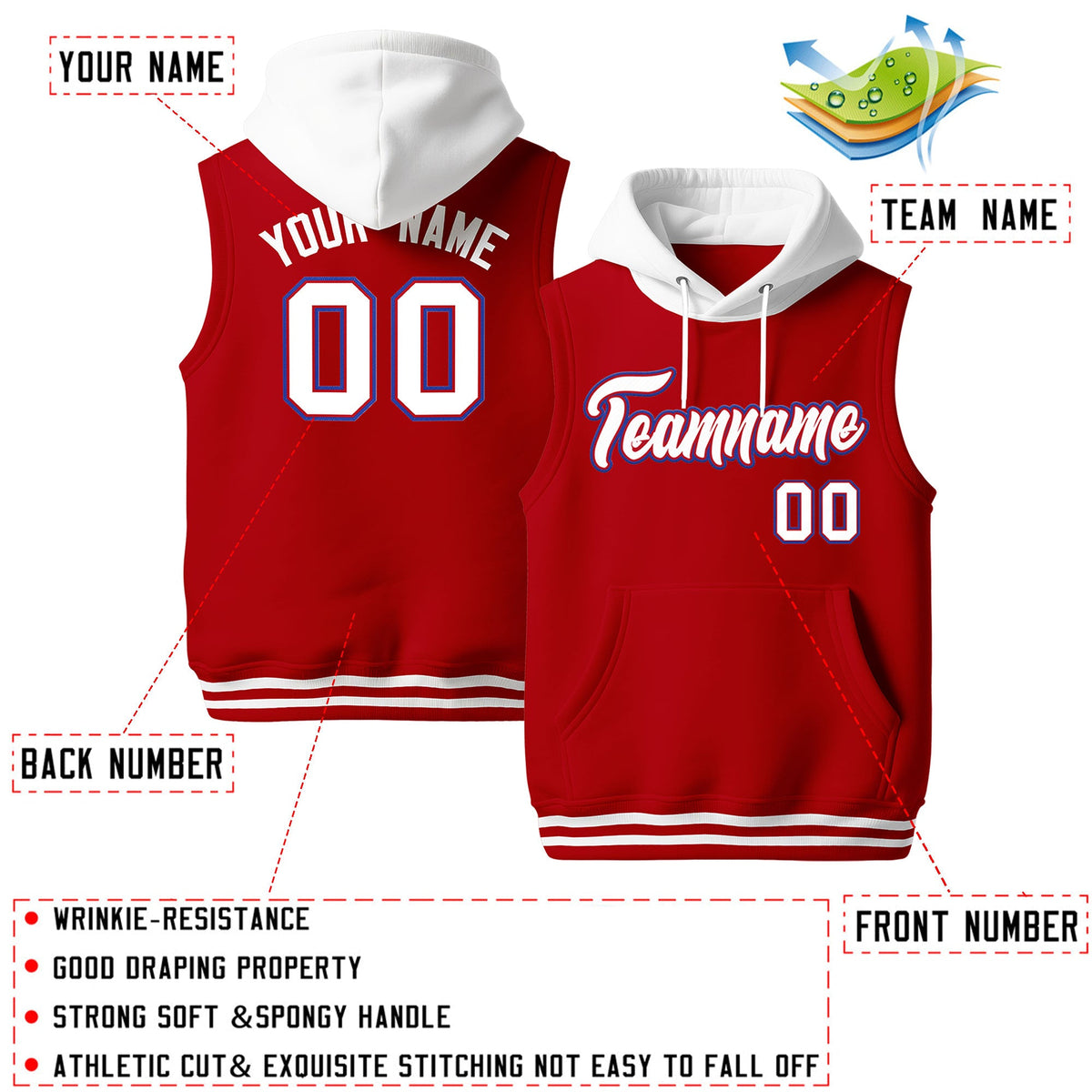 Custom Red White Royal Blue sleeveless Classic style Hoodie| KXKSHOP