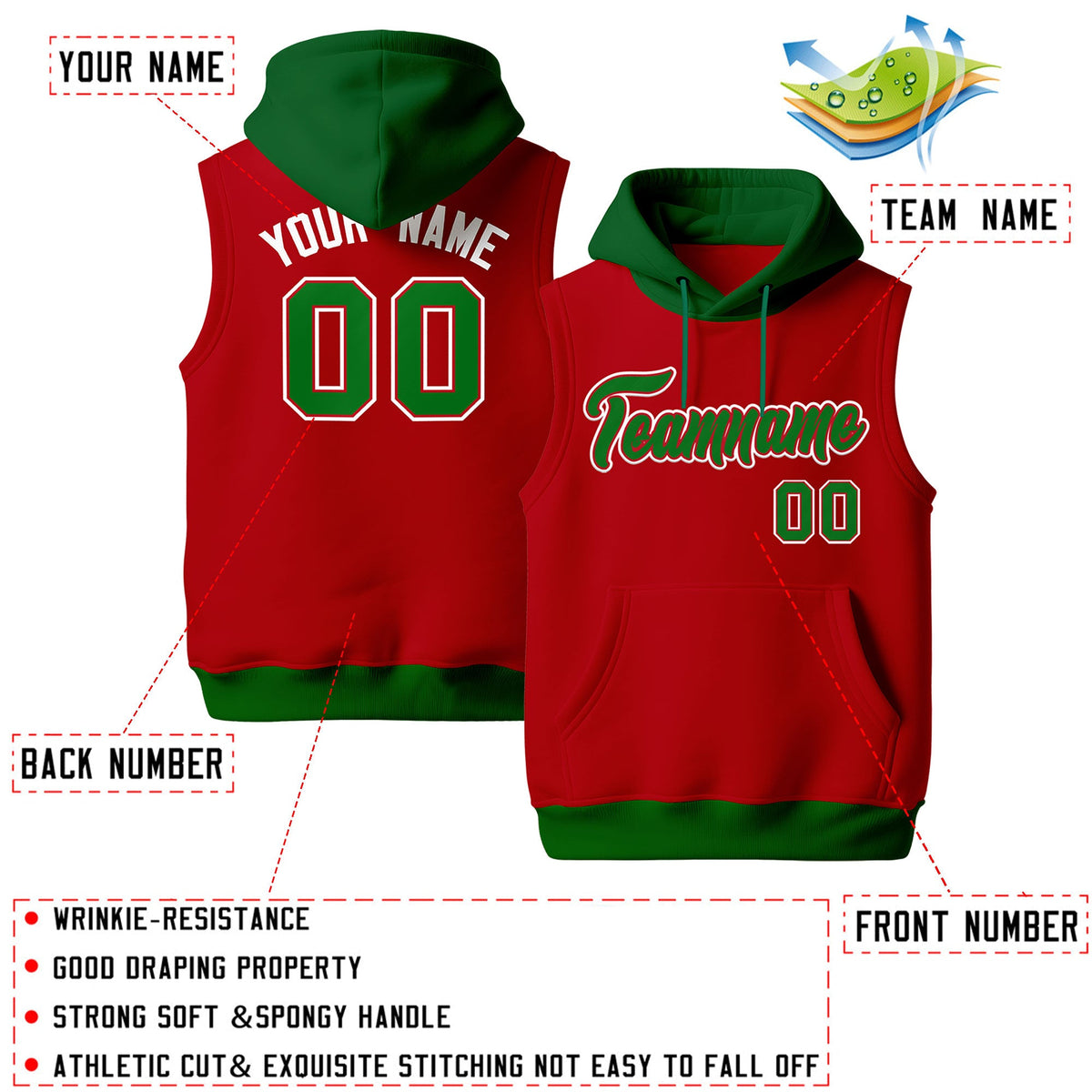 Custom Red Kelly Green White sleeveless Classic style Hoodie| KXKSHOP
