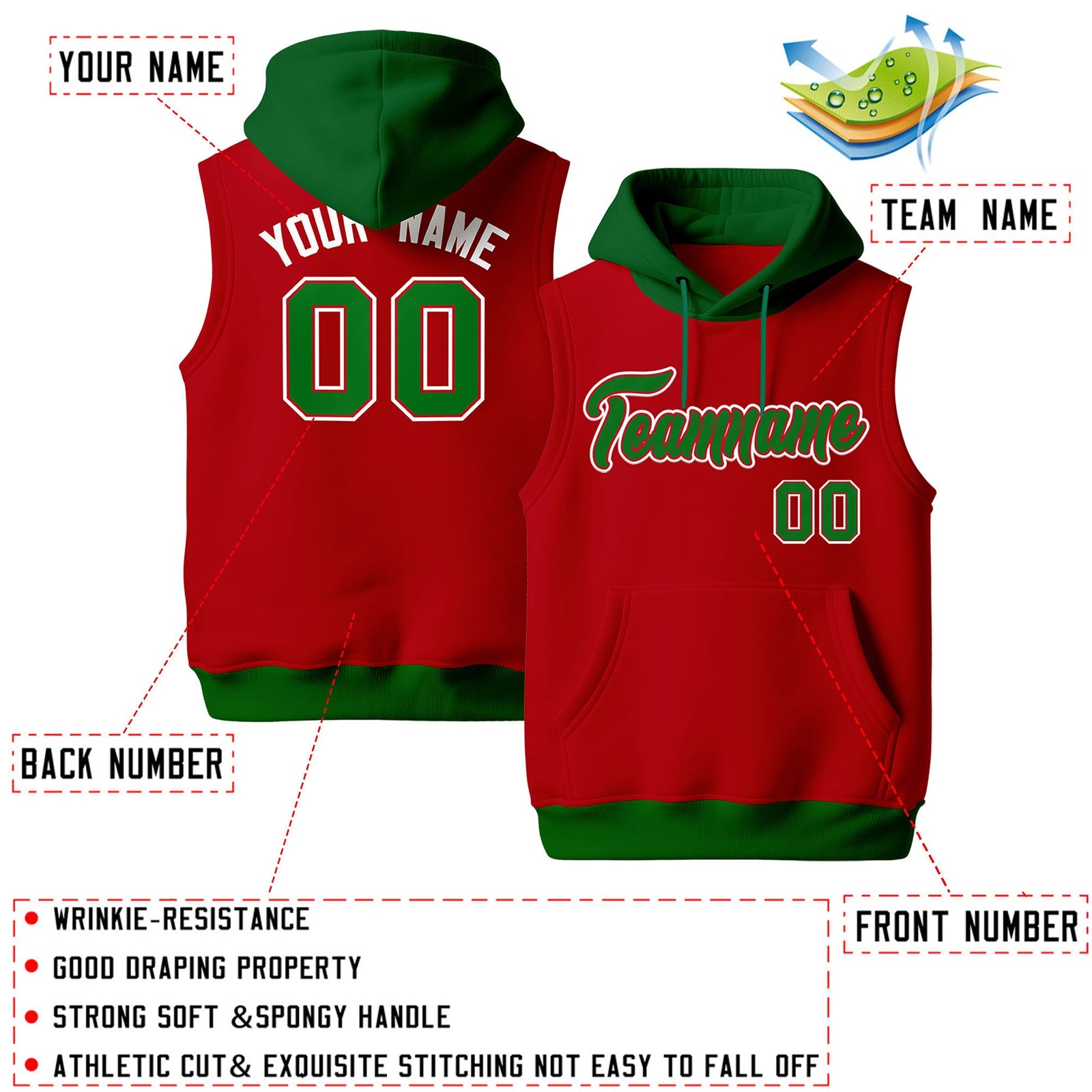 Custom Red Kelly Green White sleeveless Classic style Hoodie| KXKSHOP