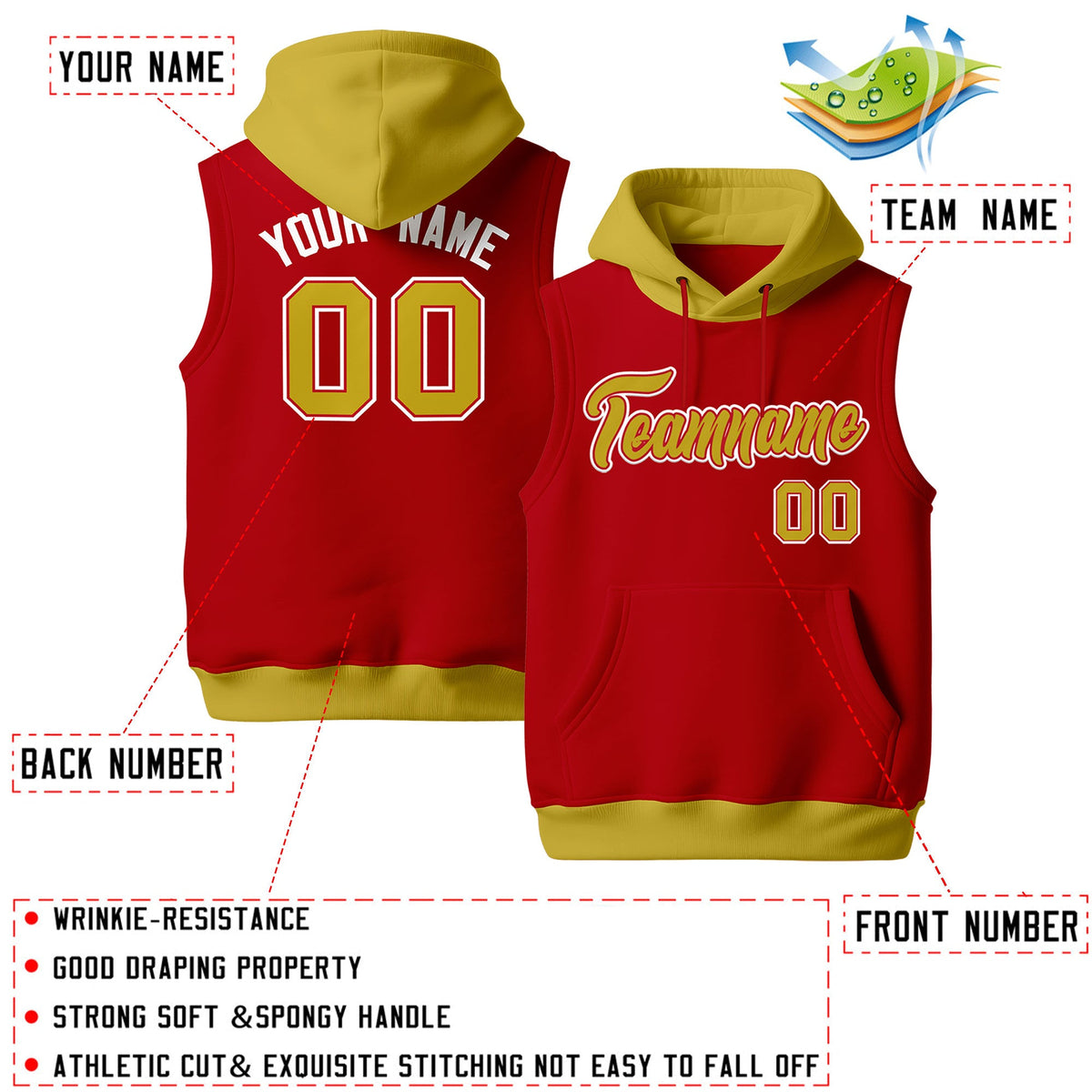 Custom Red Old Gold White sleeveless Classic style Hoodie| KXKSHOP