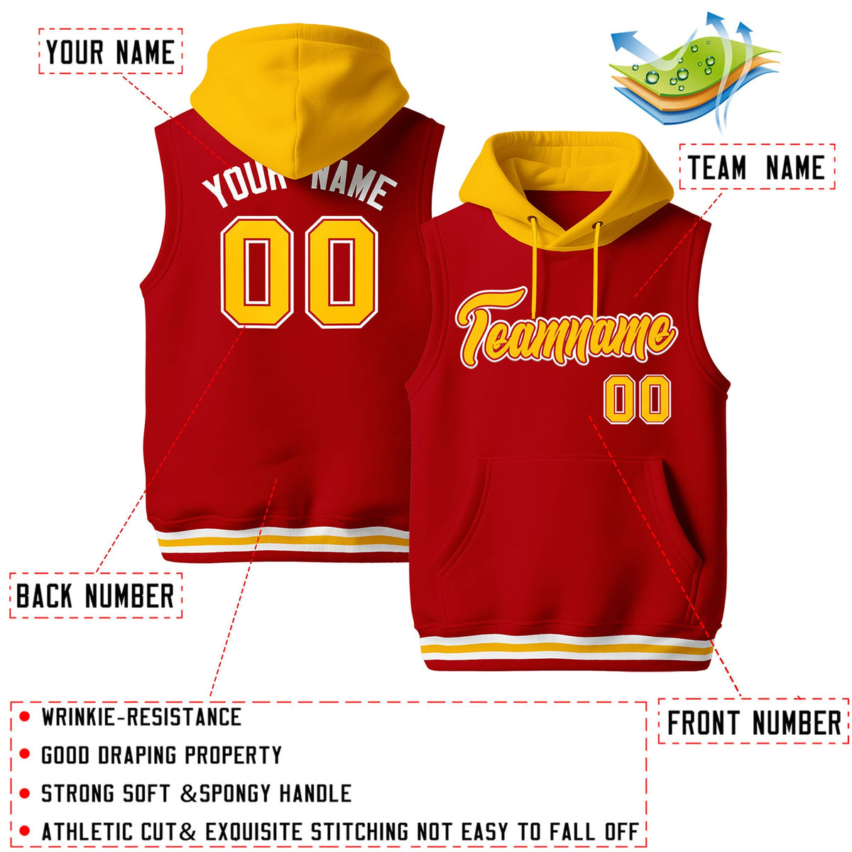 Custom Red Gold White sleeveless Classic style Hoodie| KXKSHOP