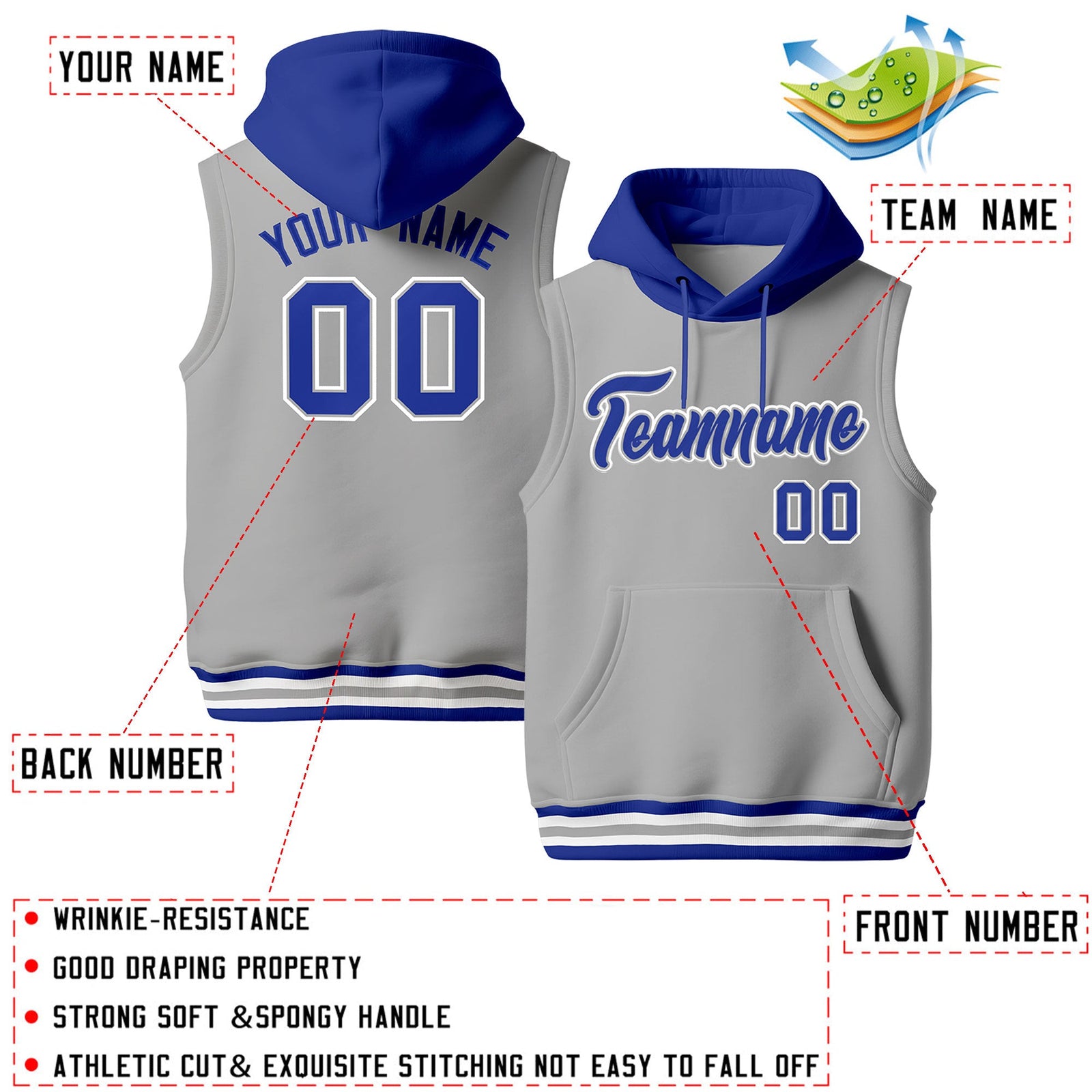 Custom Gray Royal Blue White sleeveless Classic style Hoodie| KXKSHOP