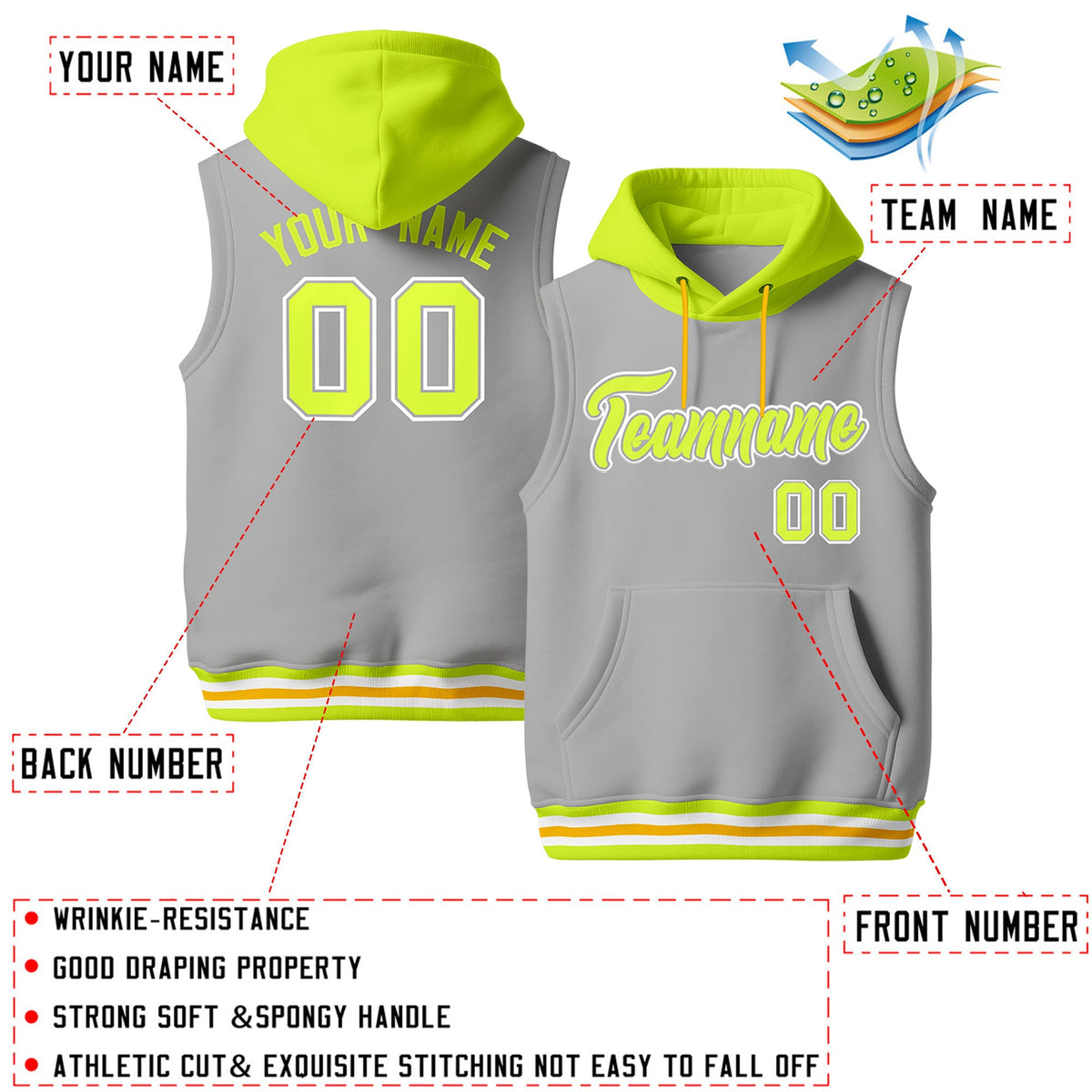 Custom Gray Fluorescent Green Neon Green sleeveless Classic style Hoodie| KXKSHOP