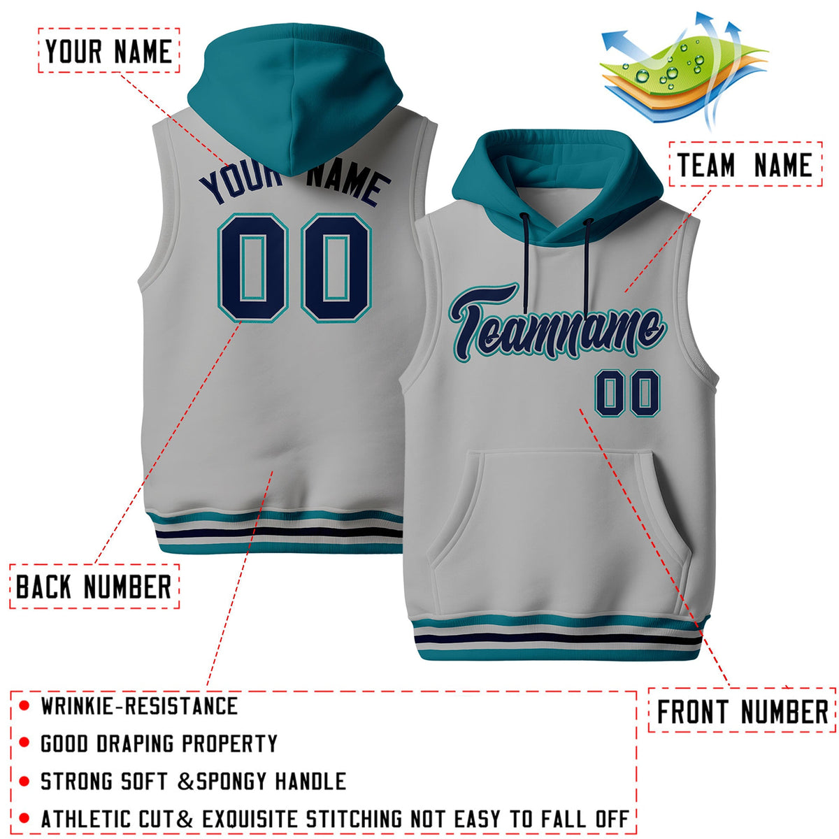 Custom Gray Teal Navy sleeveless Classic style Hoodie| KXKSHOP