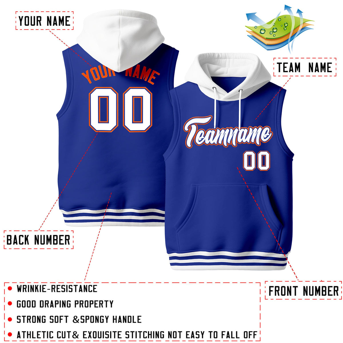 Custom Royal Blue White Orange sleeveless Classic style Hoodie| KXKSHOP