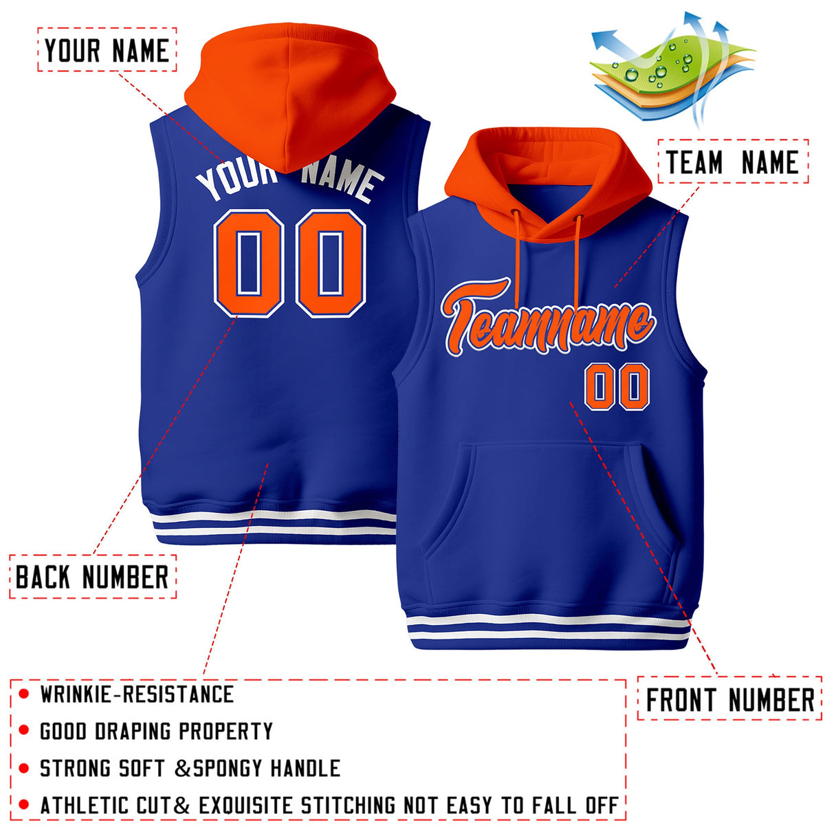 Custom Royal Blue Orange White sleeveless Classic style Hoodie| KXKSHOP