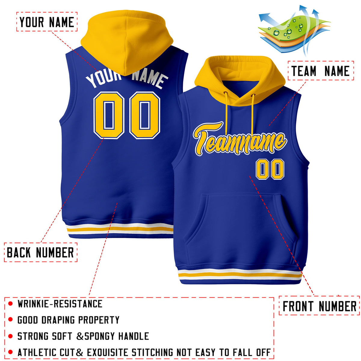 Custom Royal Blue Gold White sleeveless Classic style Hoodie| KXKSHOP