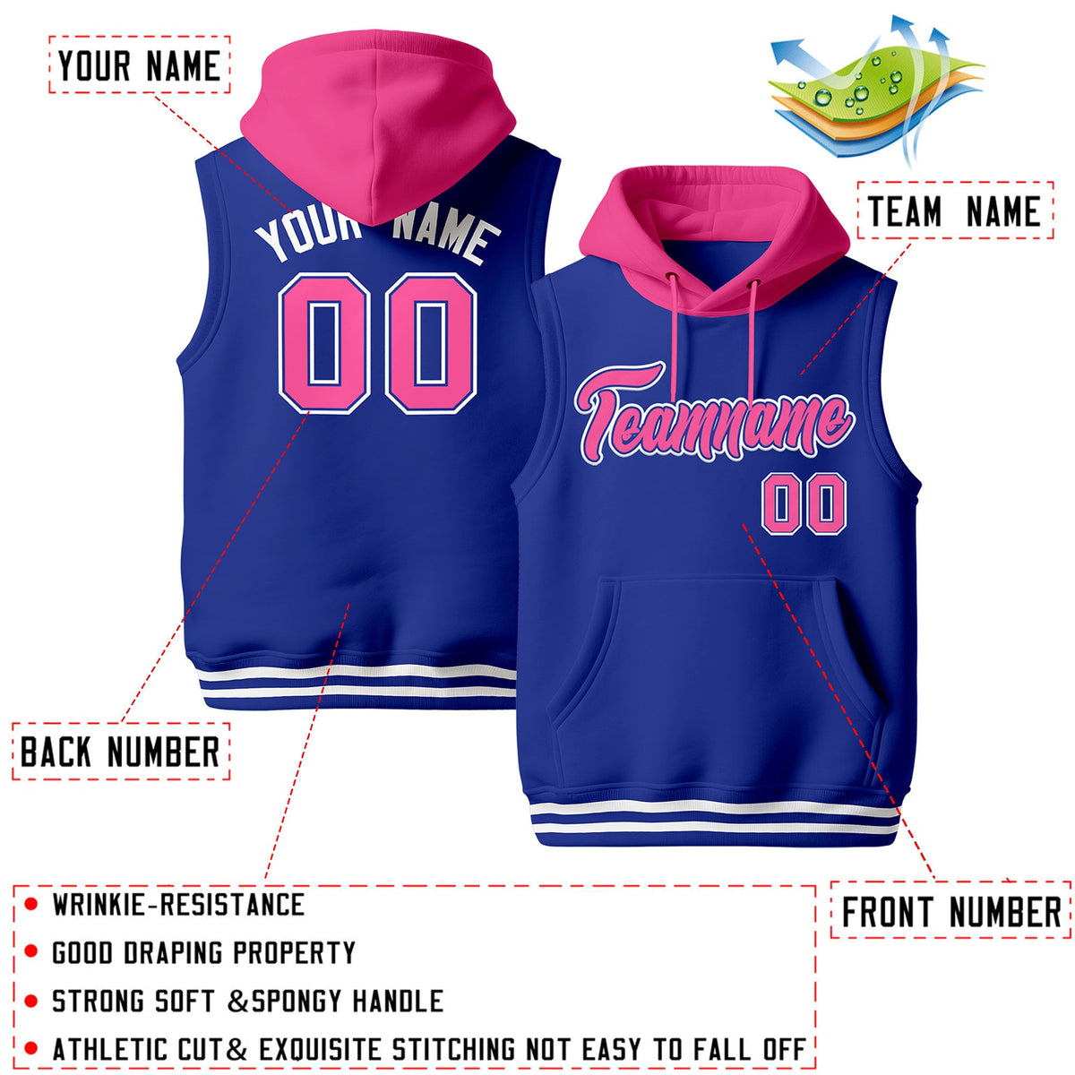 Custom Royal Blue Pink White sleeveless Classic style Hoodie| KXKSHOP