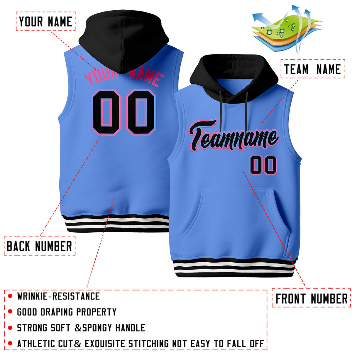 Custom Powder Blue Black White sleeveless Classic style Hoodie| KXKSHOP