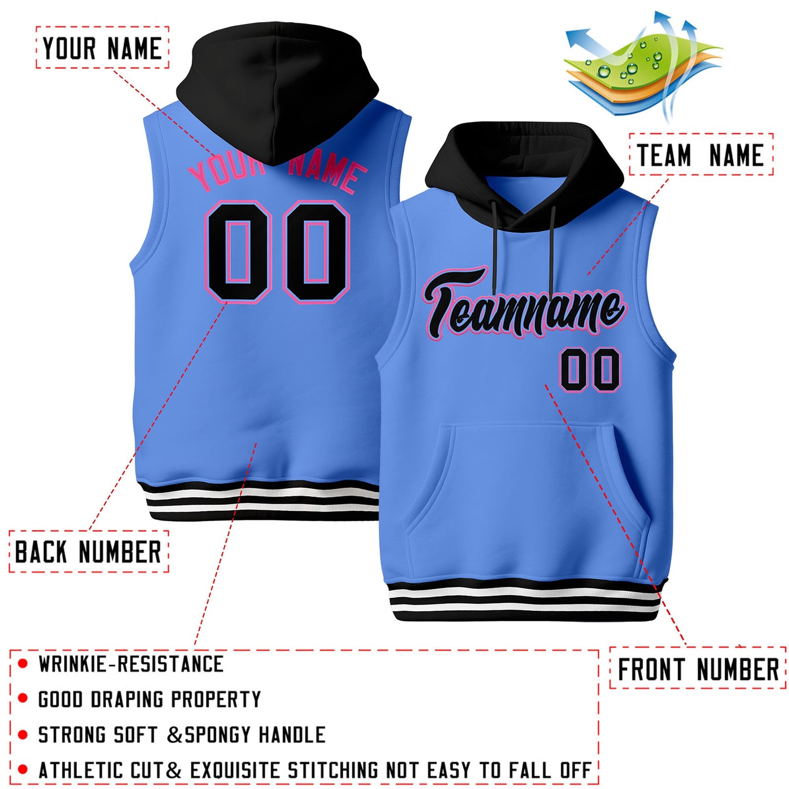 Custom Powder Blue Black White sleeveless Classic style Hoodie| KXKSHOP