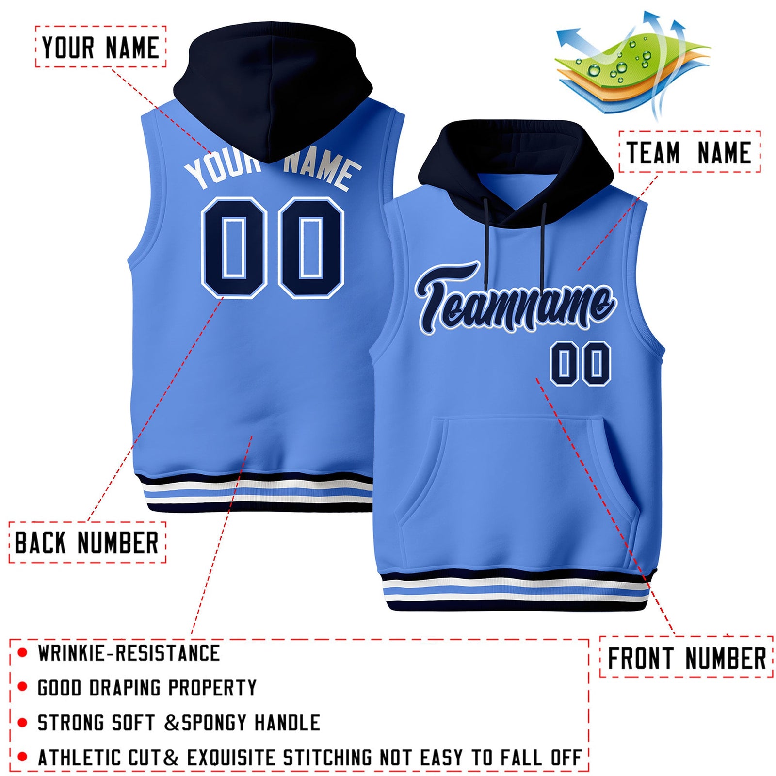 Custom Powder Blue Navy White sleeveless Classic style Hoodie| KXKSHOP