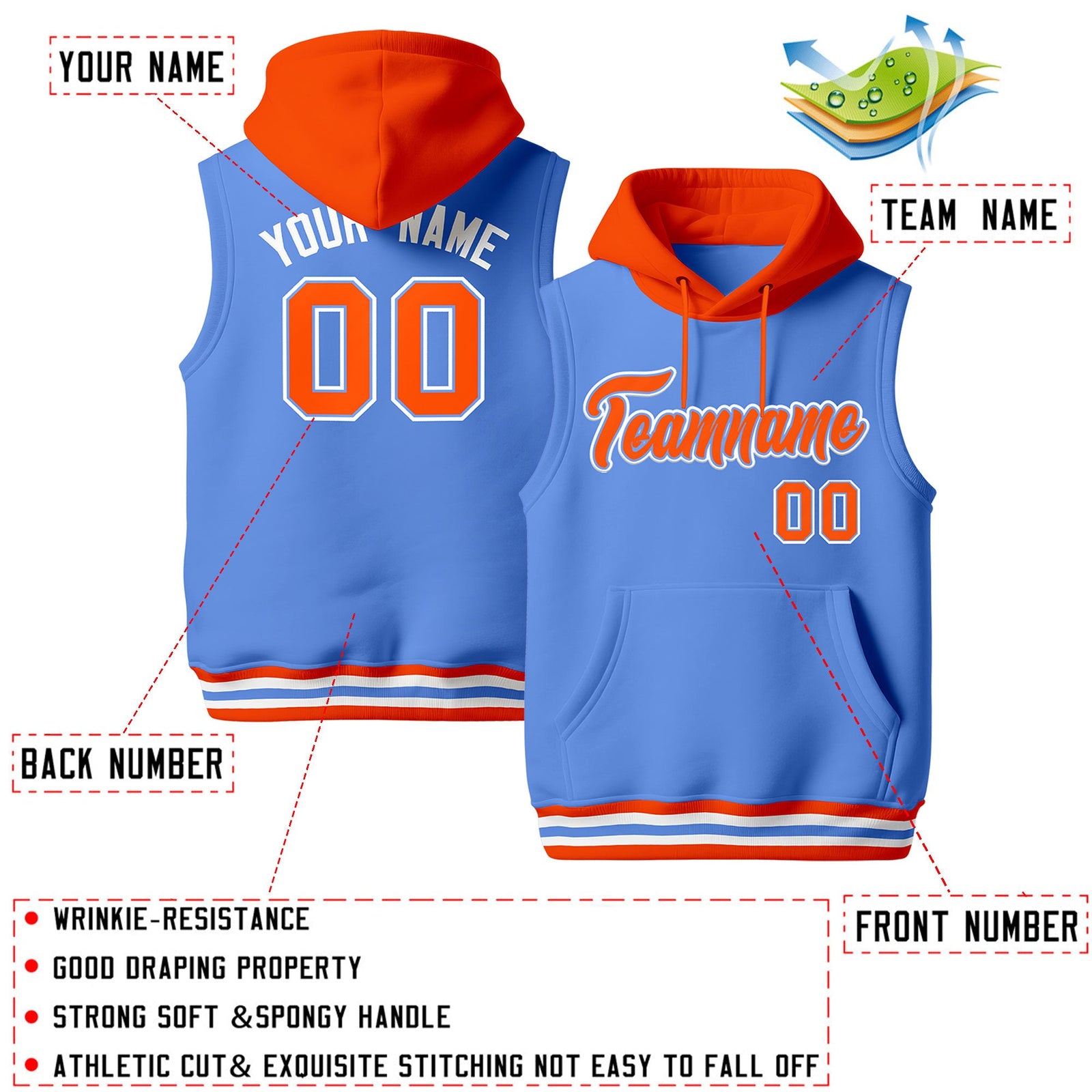 Custom Powder Blue Orange White sleeveless Classic style Hoodie| KXKSHOP