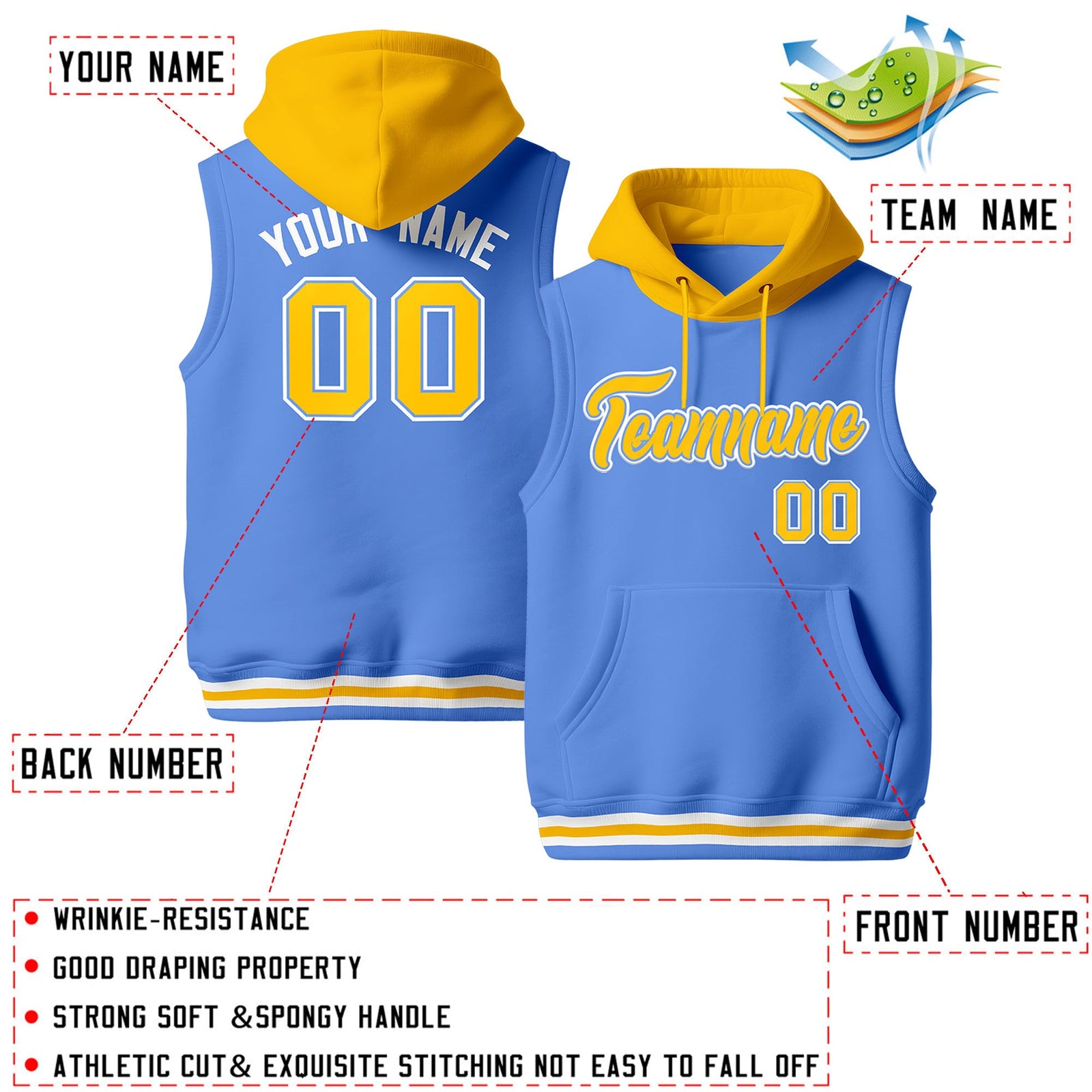 Custom Powder Blue Gold White sleeveless Classic style Hoodie| KXKSHOP